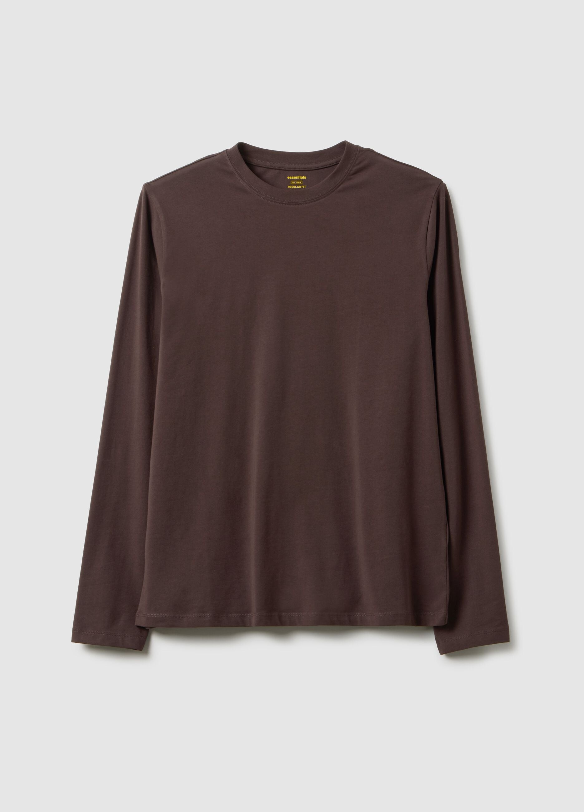 Regular fit stretchy cotton long sleeve brown t-shirt