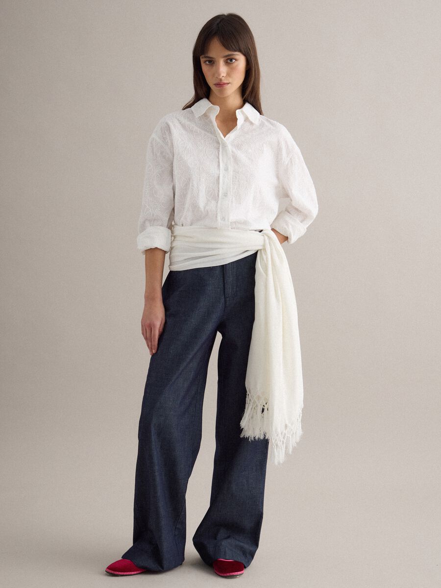 White viscose and linen blend scarf with fringes_1