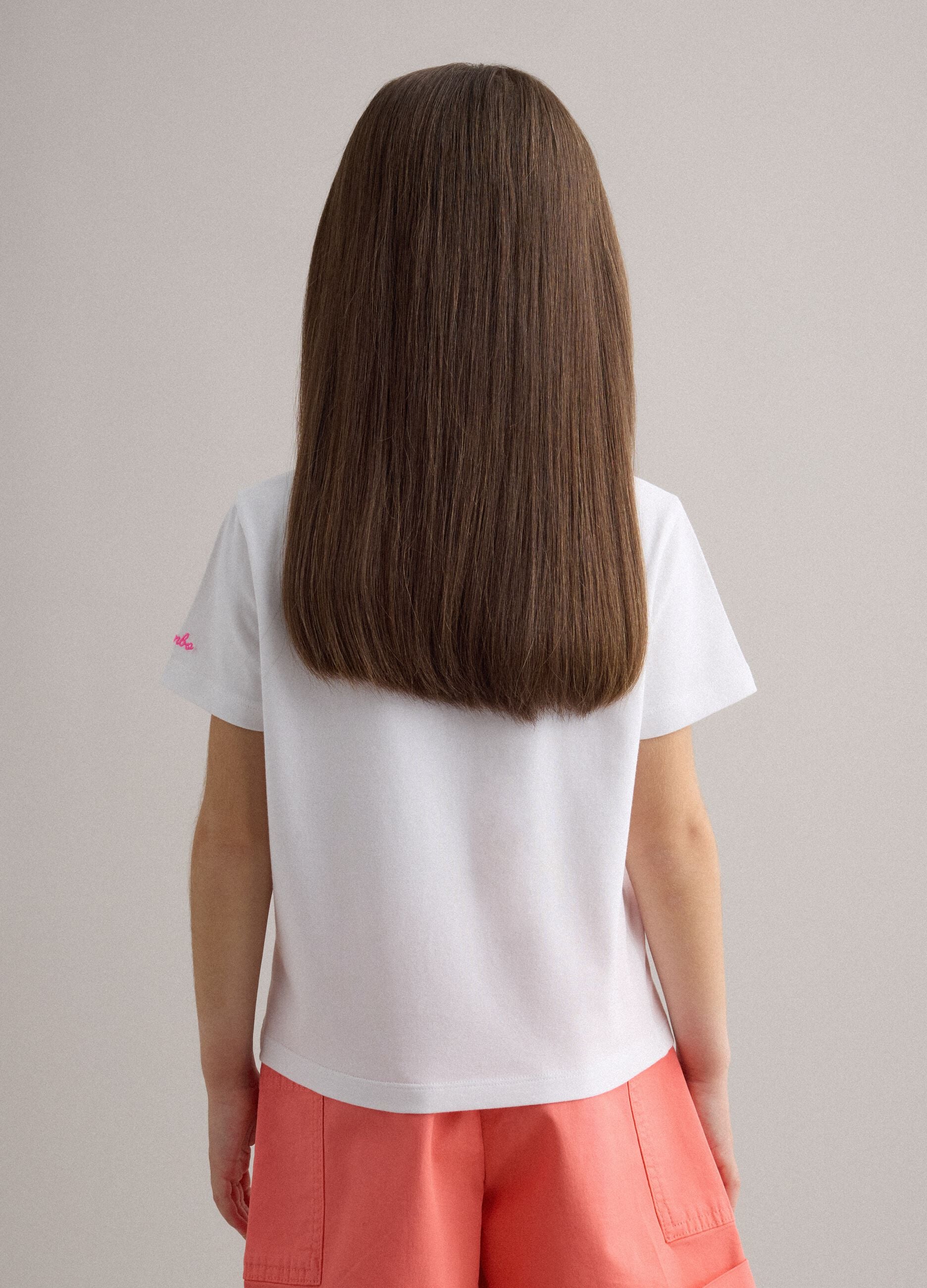 Girls' white stretch cotton t-shirt with beads