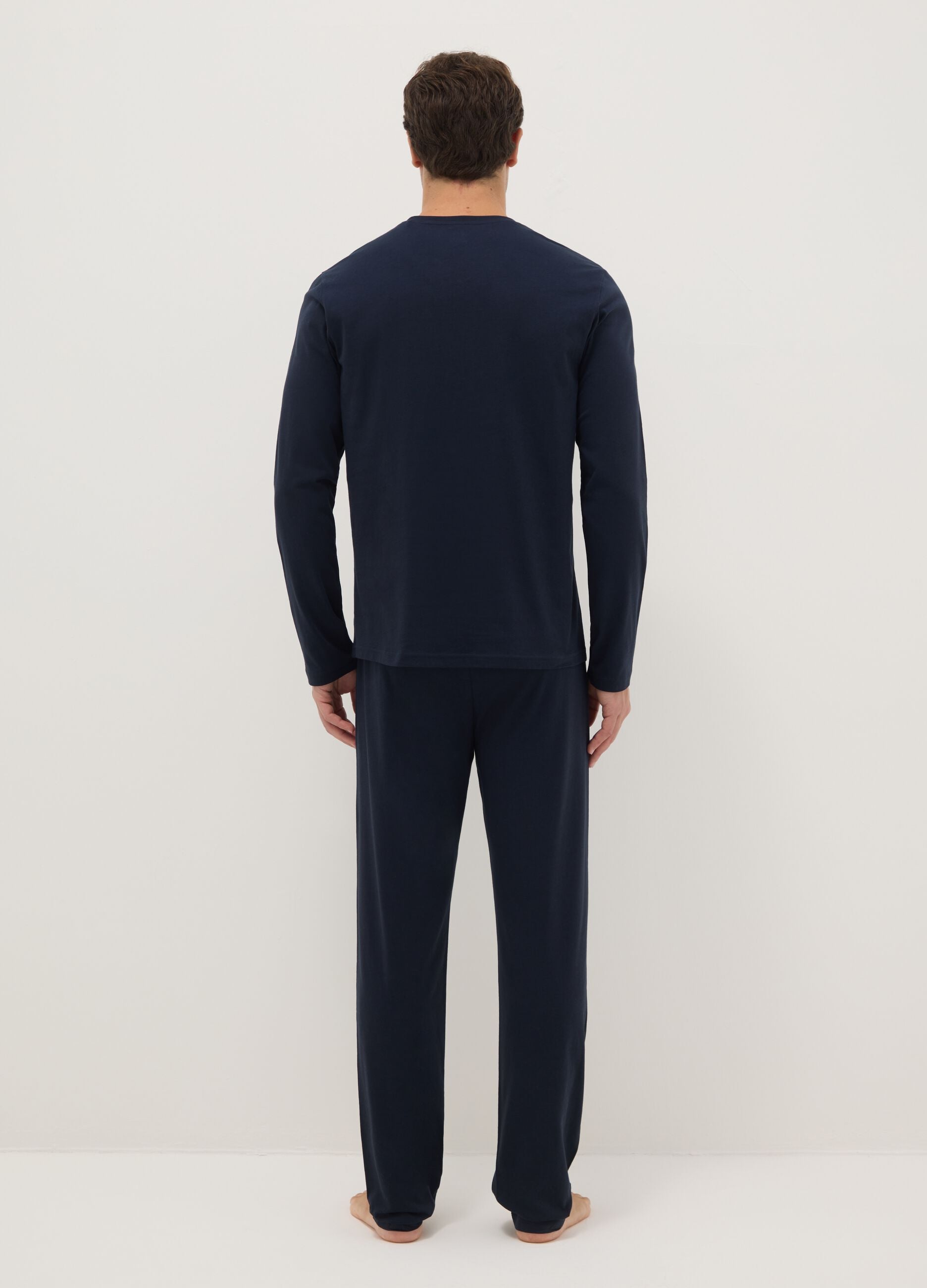 Blue long sleeve pyjamas with V-neck made of pure cotton, regular fit