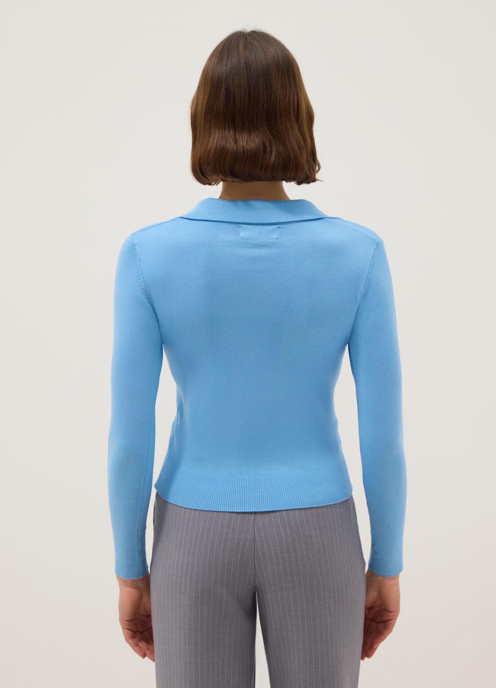 Regular fit blue viscose jumper with polo neck