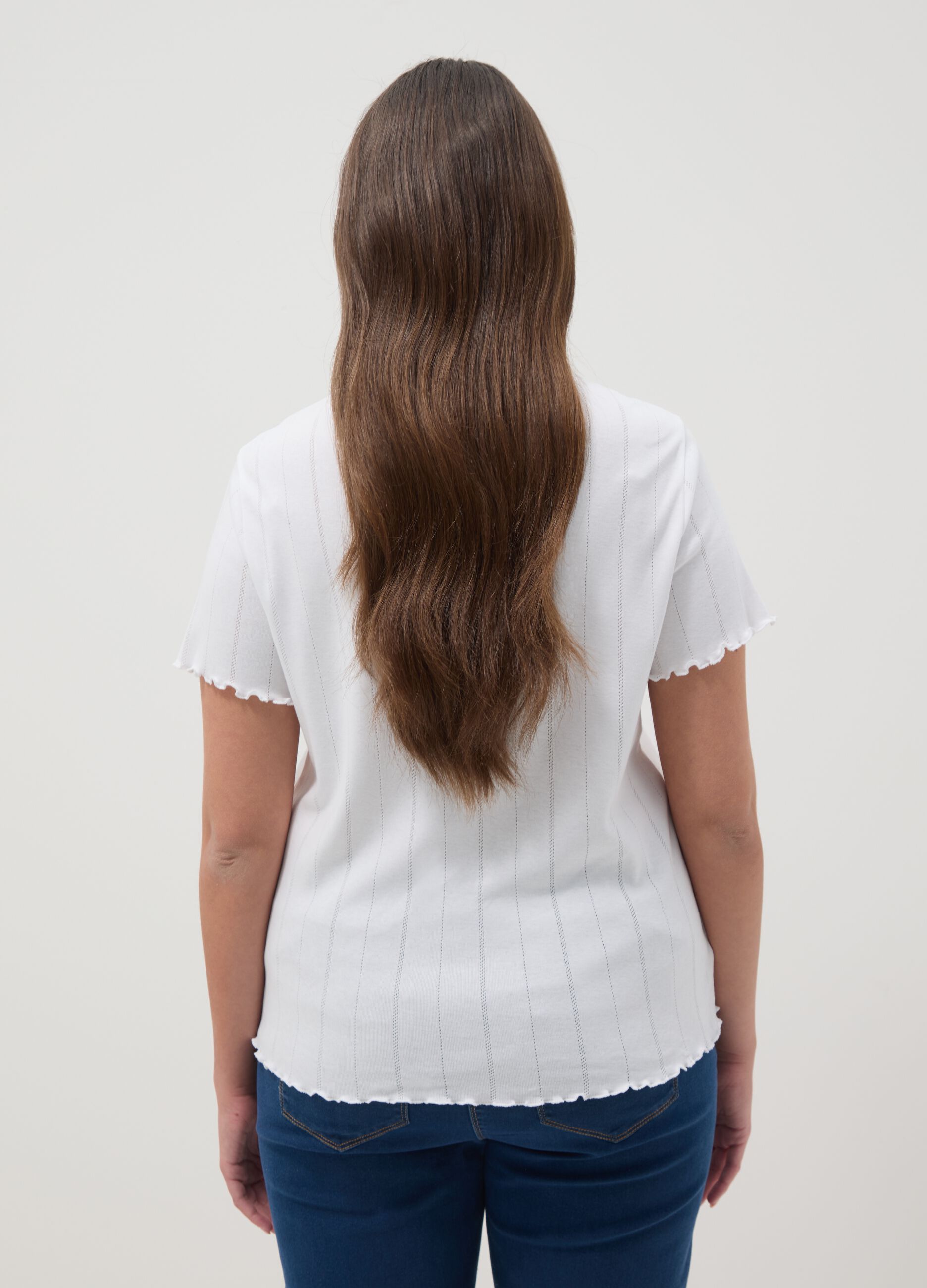 White pure cotton striped regular fit T-shirt