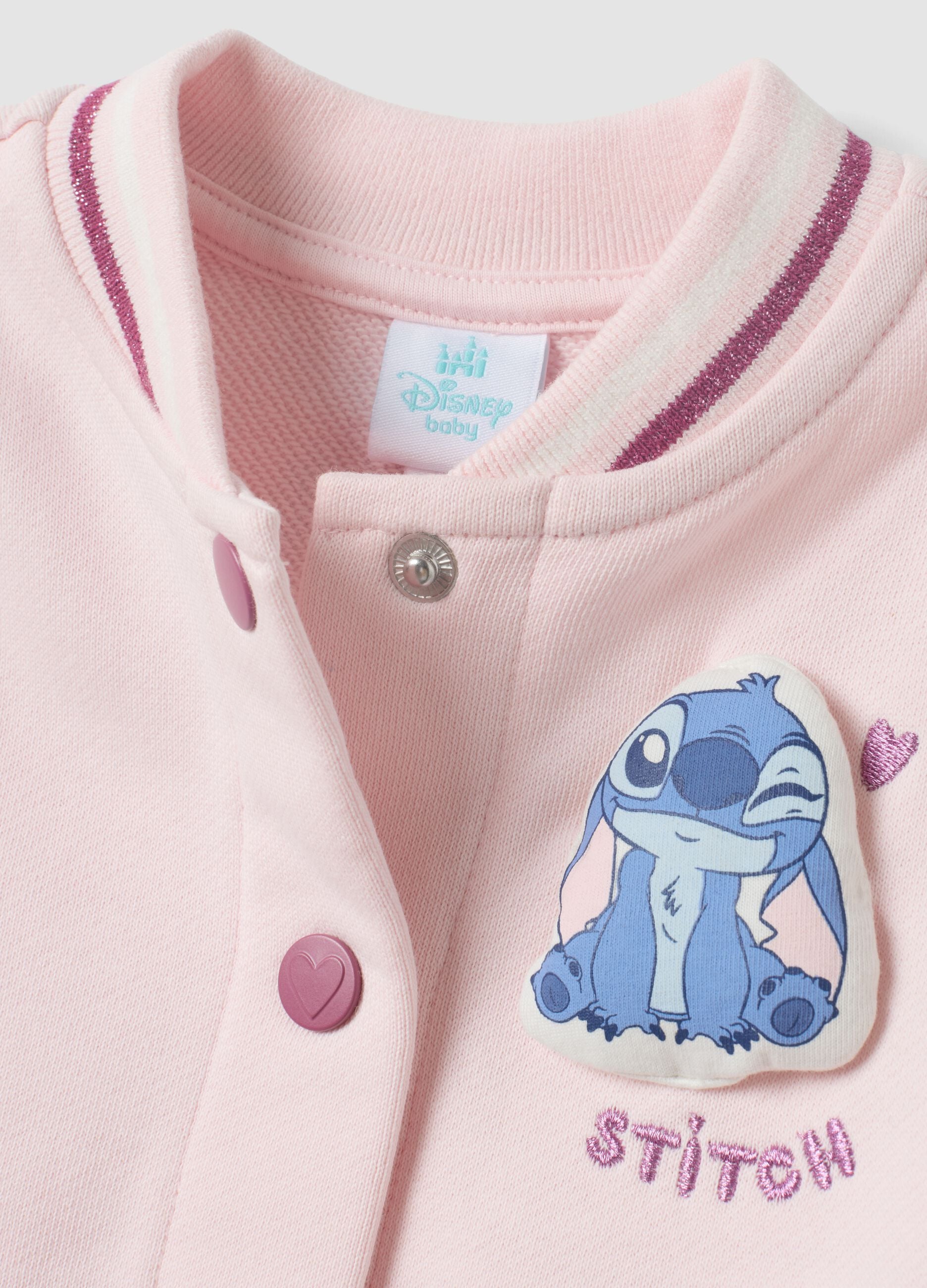 Felpa rosa in puro cotone con bottoni a pressione a tema Lilo & Stitch per bimba
