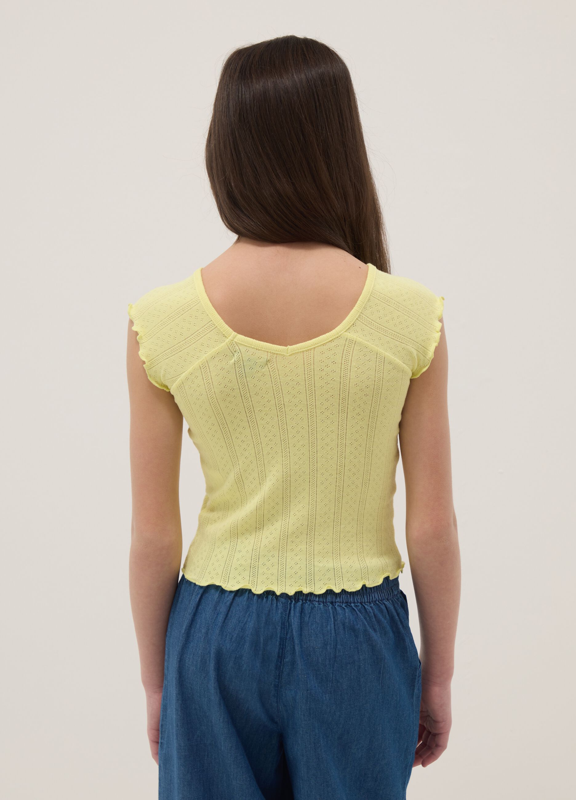 Yellow girls' cotton blend fitted V-neck t-shirt