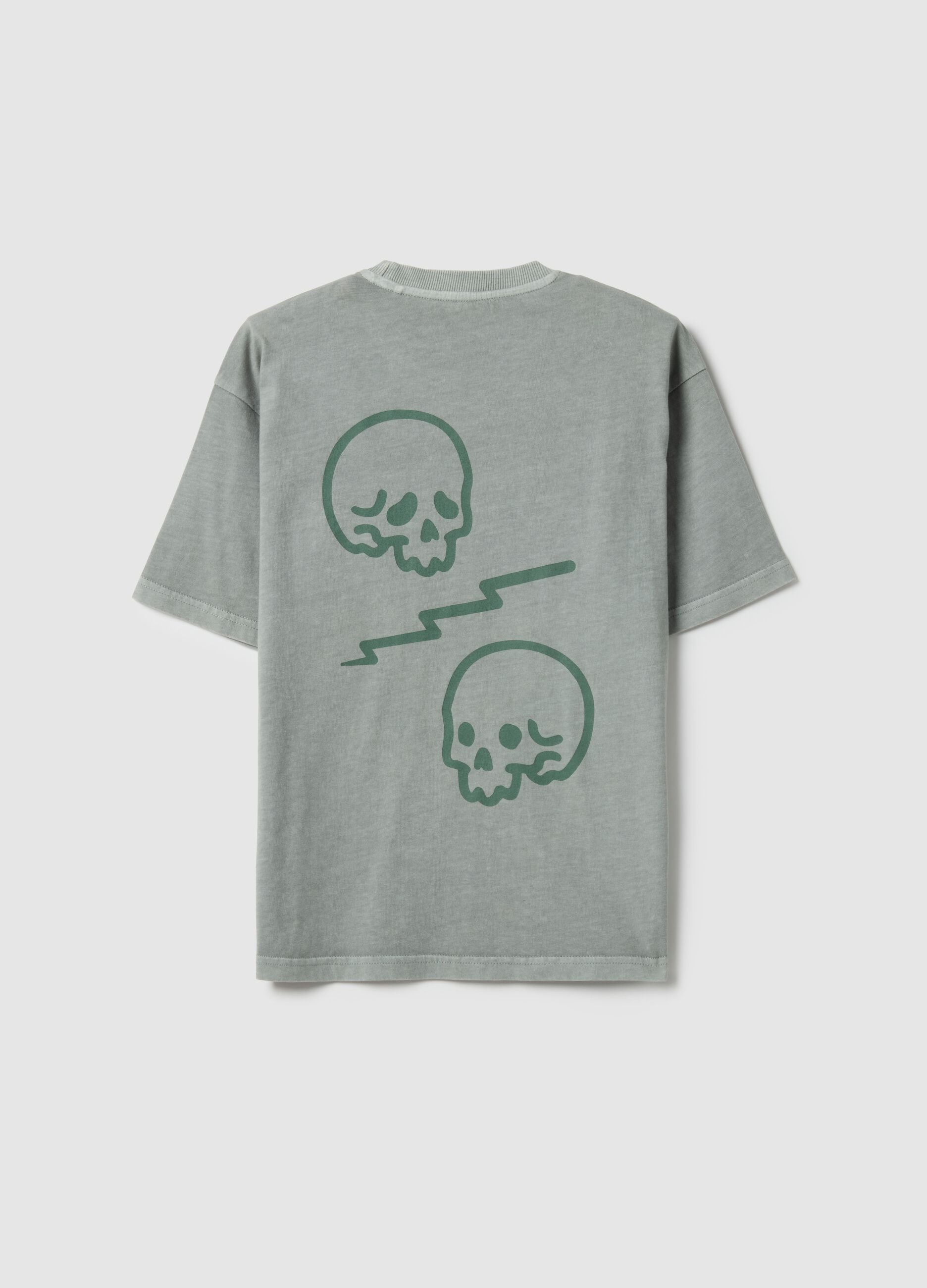 Boys' Green Pure Cotton Oversized Fit T-shirt with Skull