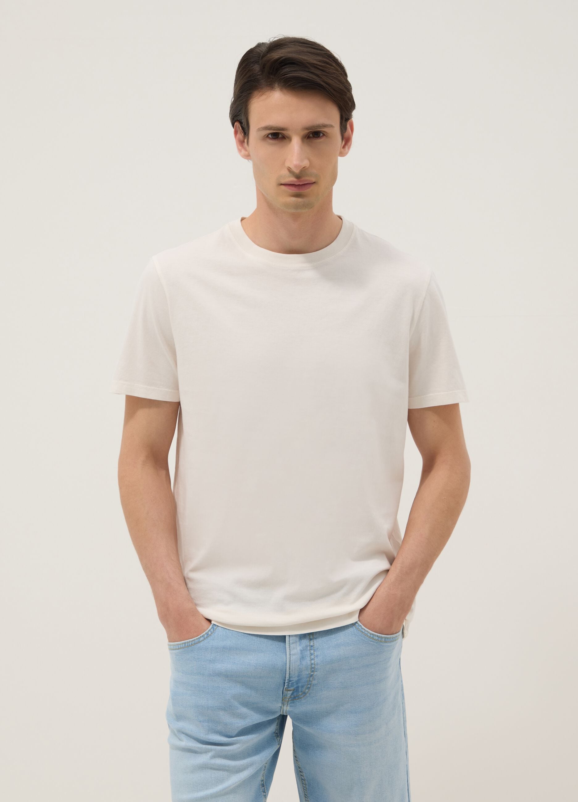 Beige pure cotton regular-fit short-sleeve T-shirt