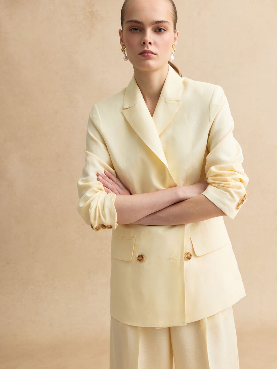 Beige double-breasted Lyocell and linen blazer, regular fit_3