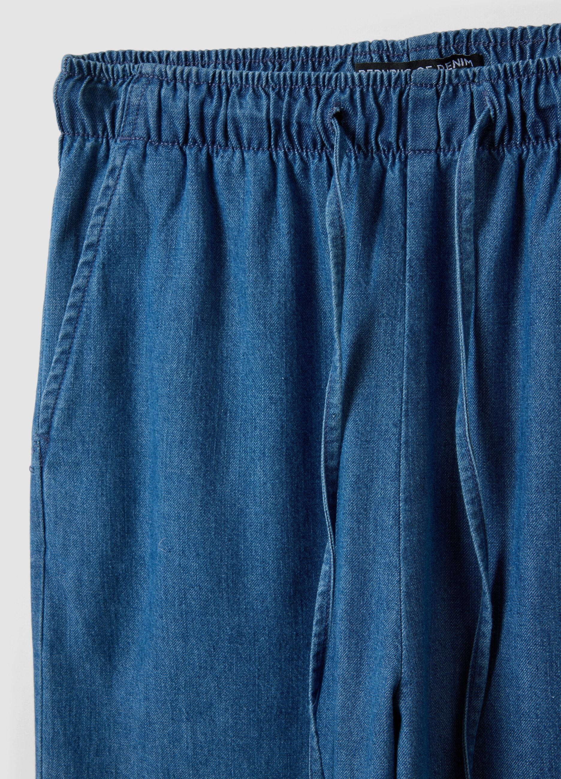 Blue pure cotton wide-leg denim trousers with drawstring