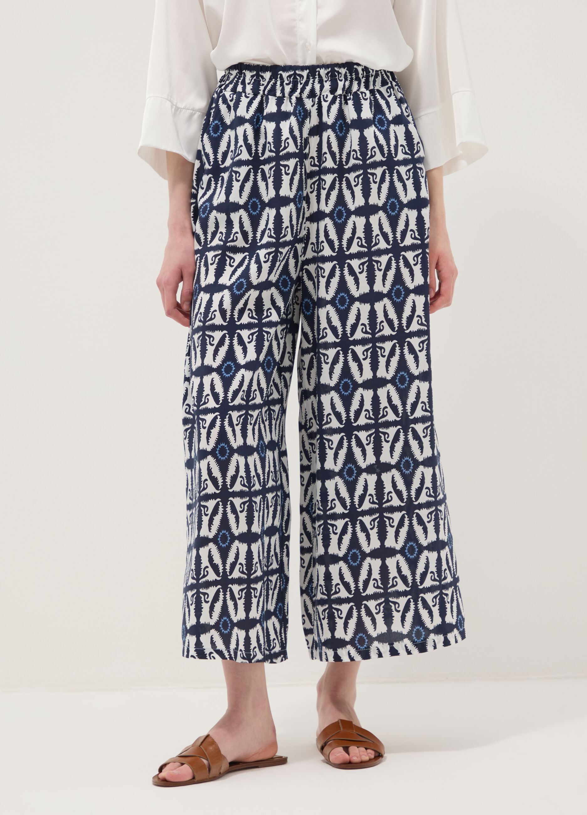 White pure-viscose printed trousers, regular fit