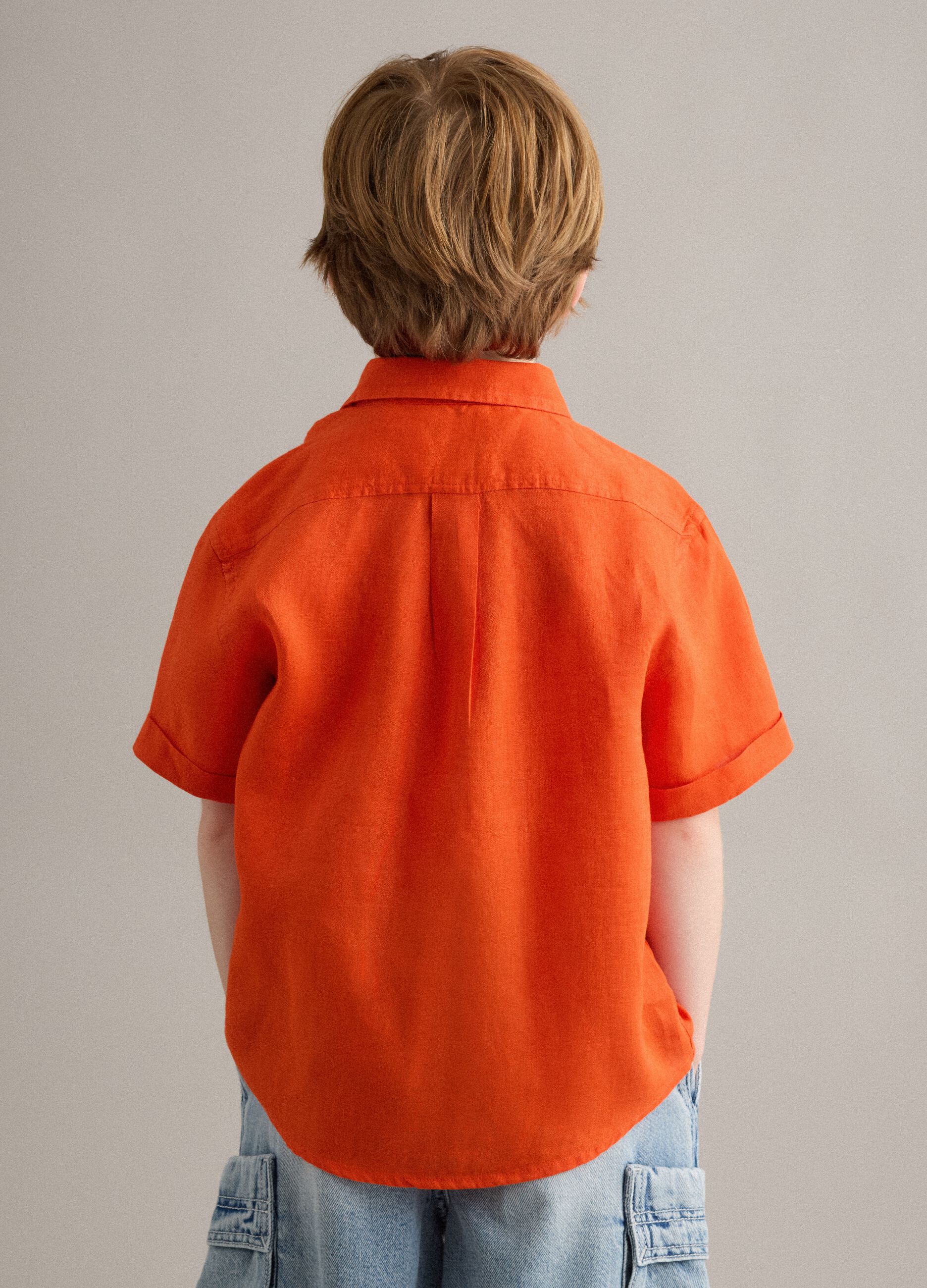 Orange pure linen oversized shirt for boys