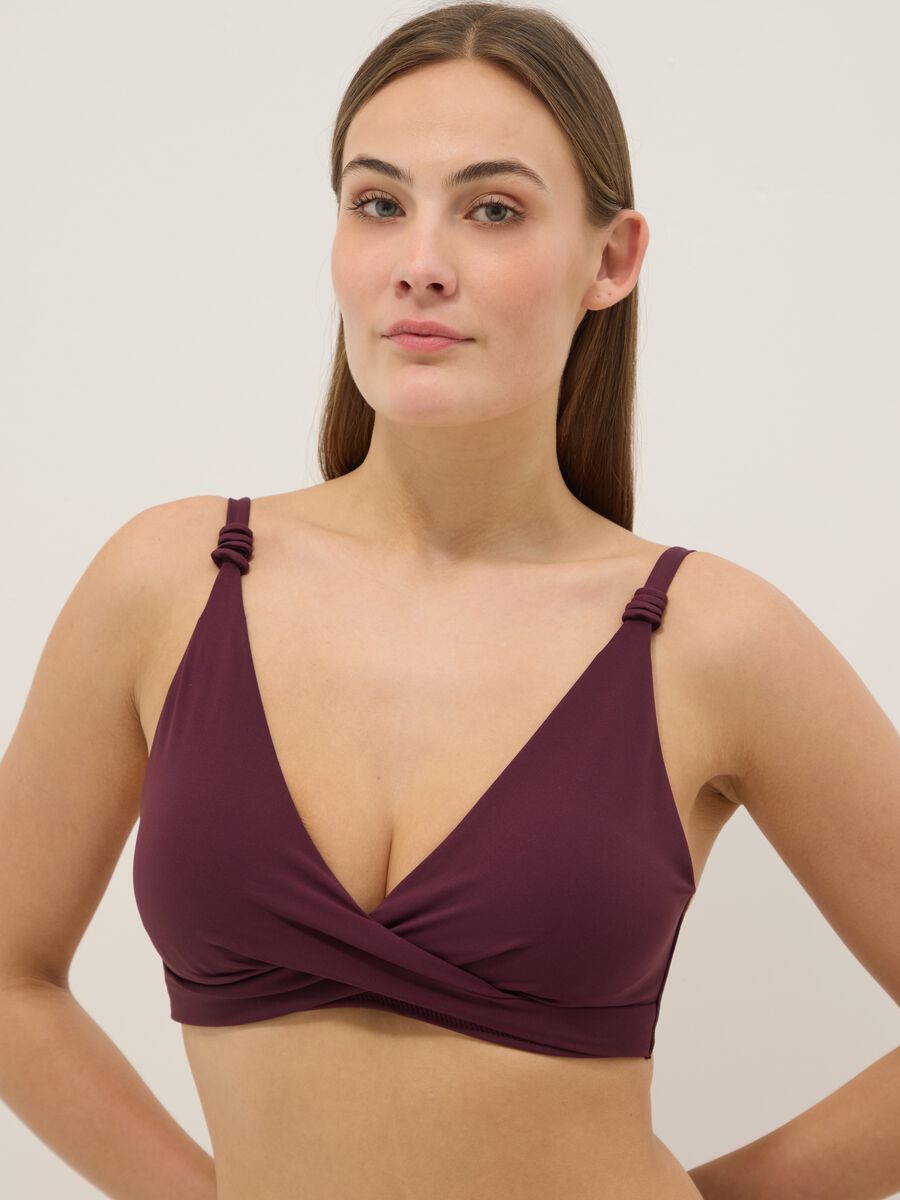 Purple triangle bikini top in stretch fabric with shaping effect_0
