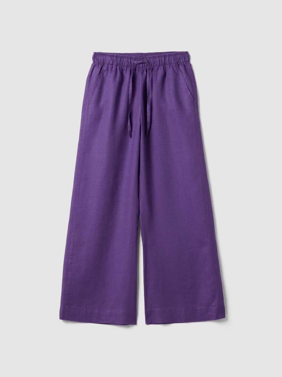 Purple pure linen straight-fit drawstring trousers_4