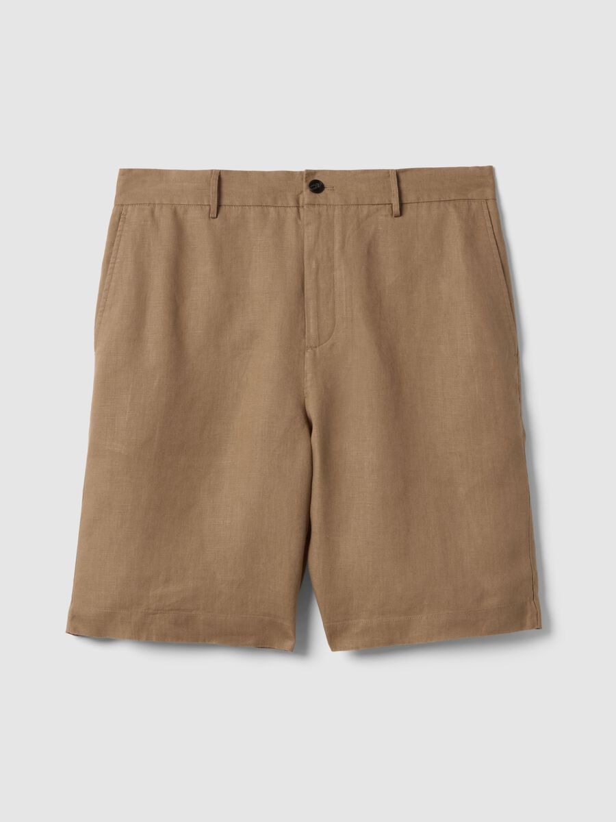 Regular Fit Brown Pure Linen Bermuda Shorts_4