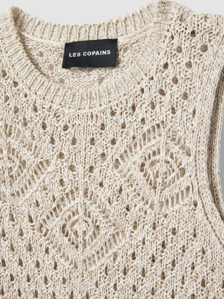 Fitted beige cotton blend mesh vest_1