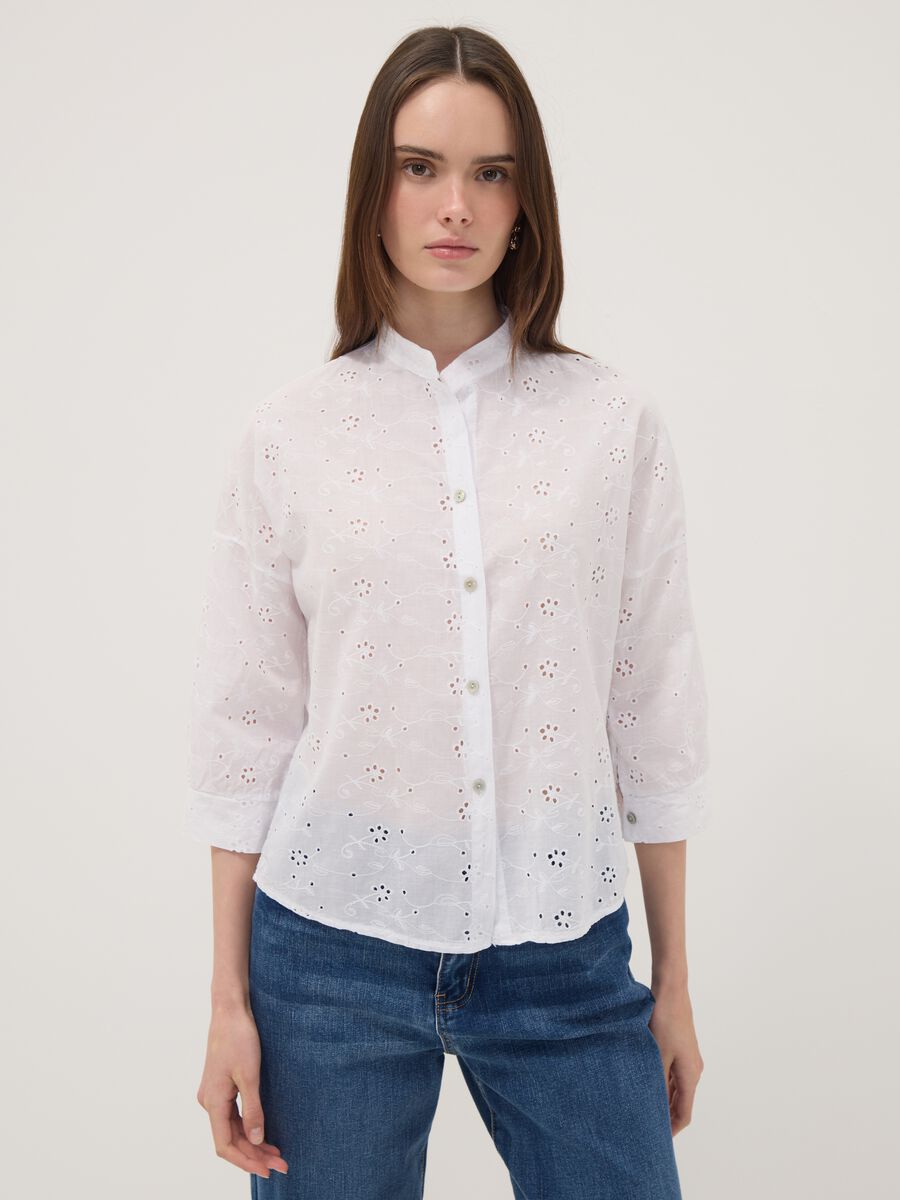 White broderie anglaise pure cotton shirt with Mandarin collar, regular fit_1