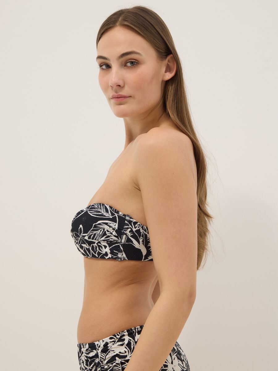 Black stretch bandeau bikini top with floral print_3