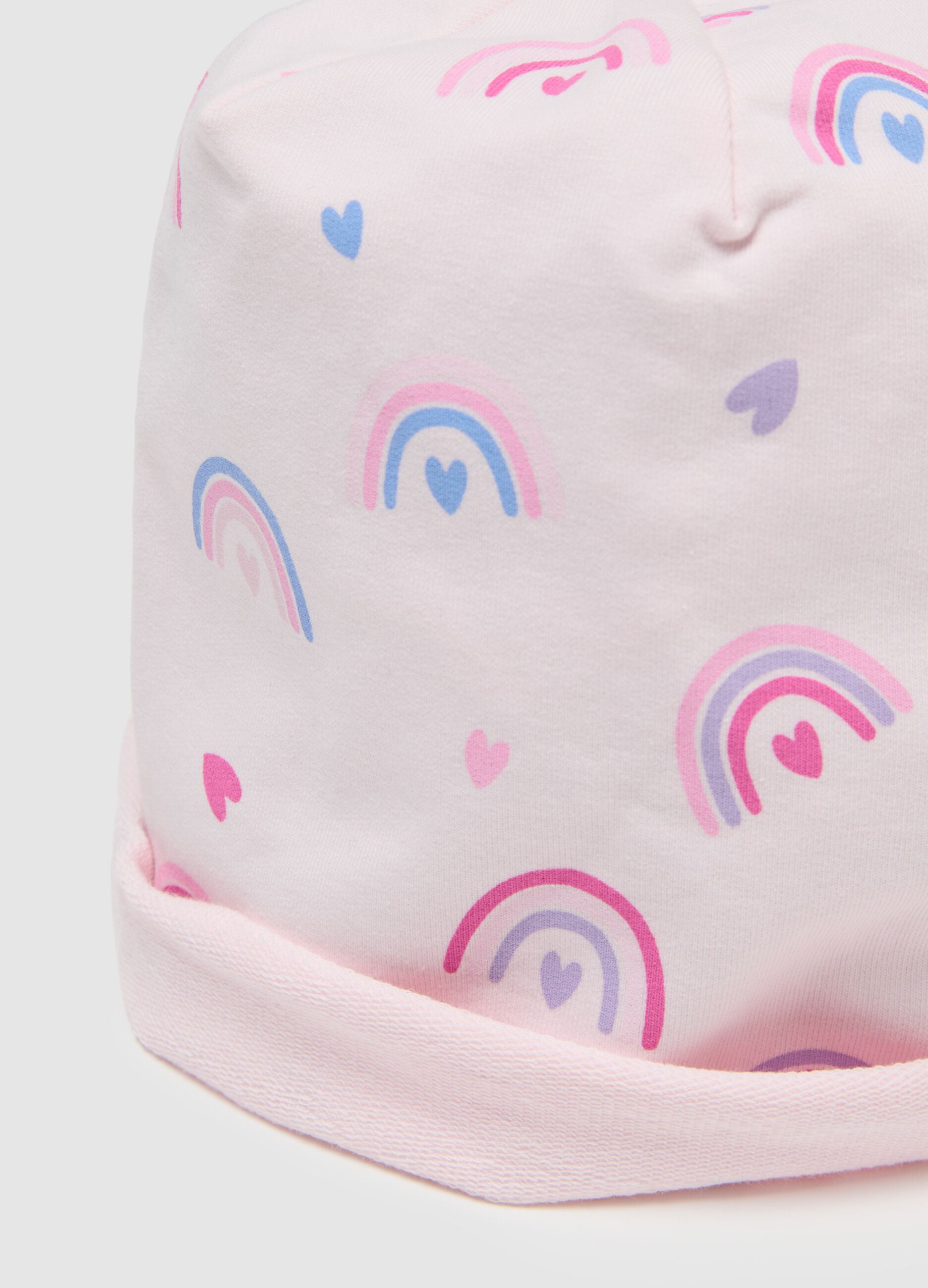 Pink Stretch Cotton Beanie with Rainbows for Girls