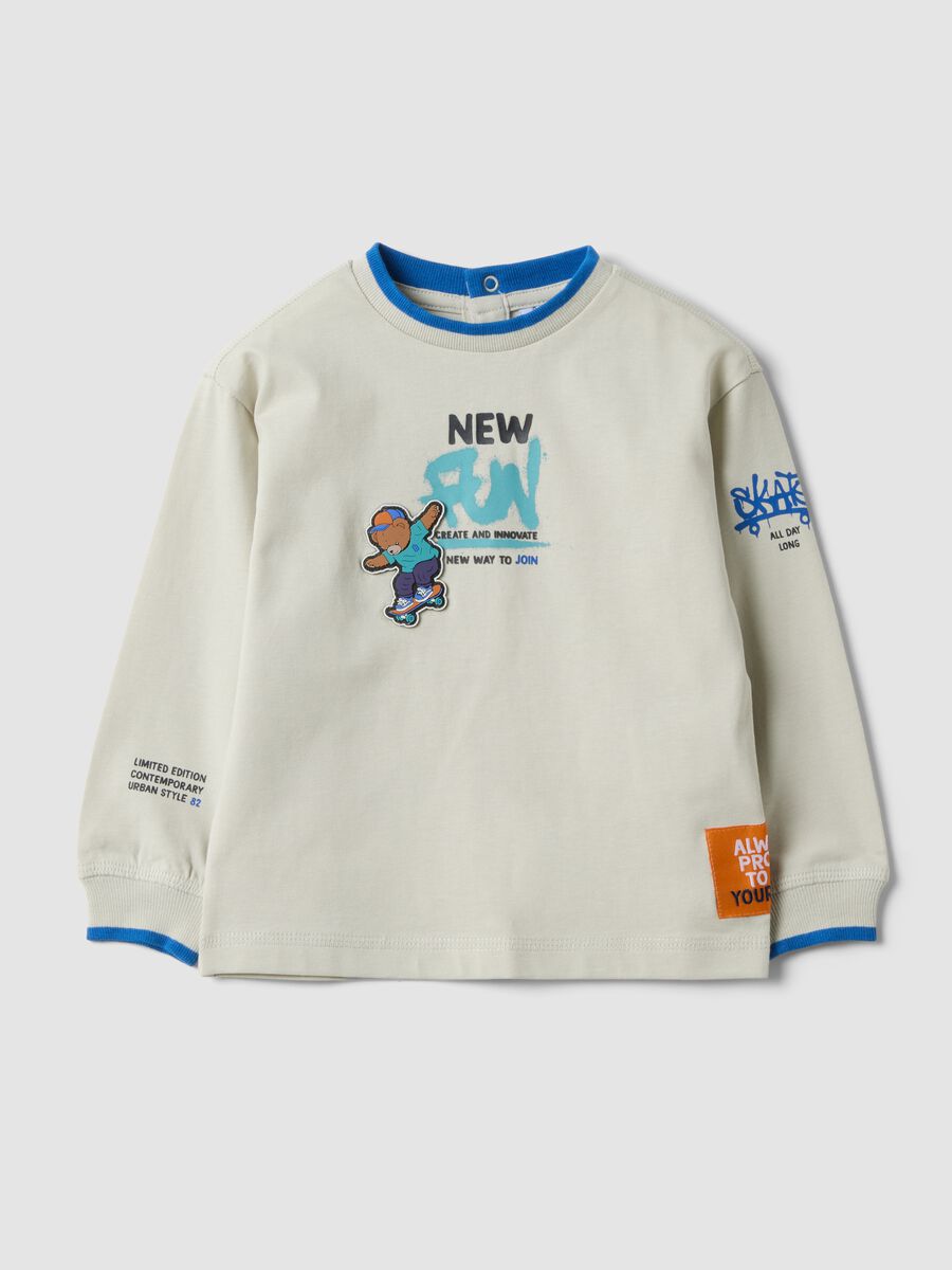 Boys' long-sleeved pure cotton printed T-shirt in white, oversized fit_0