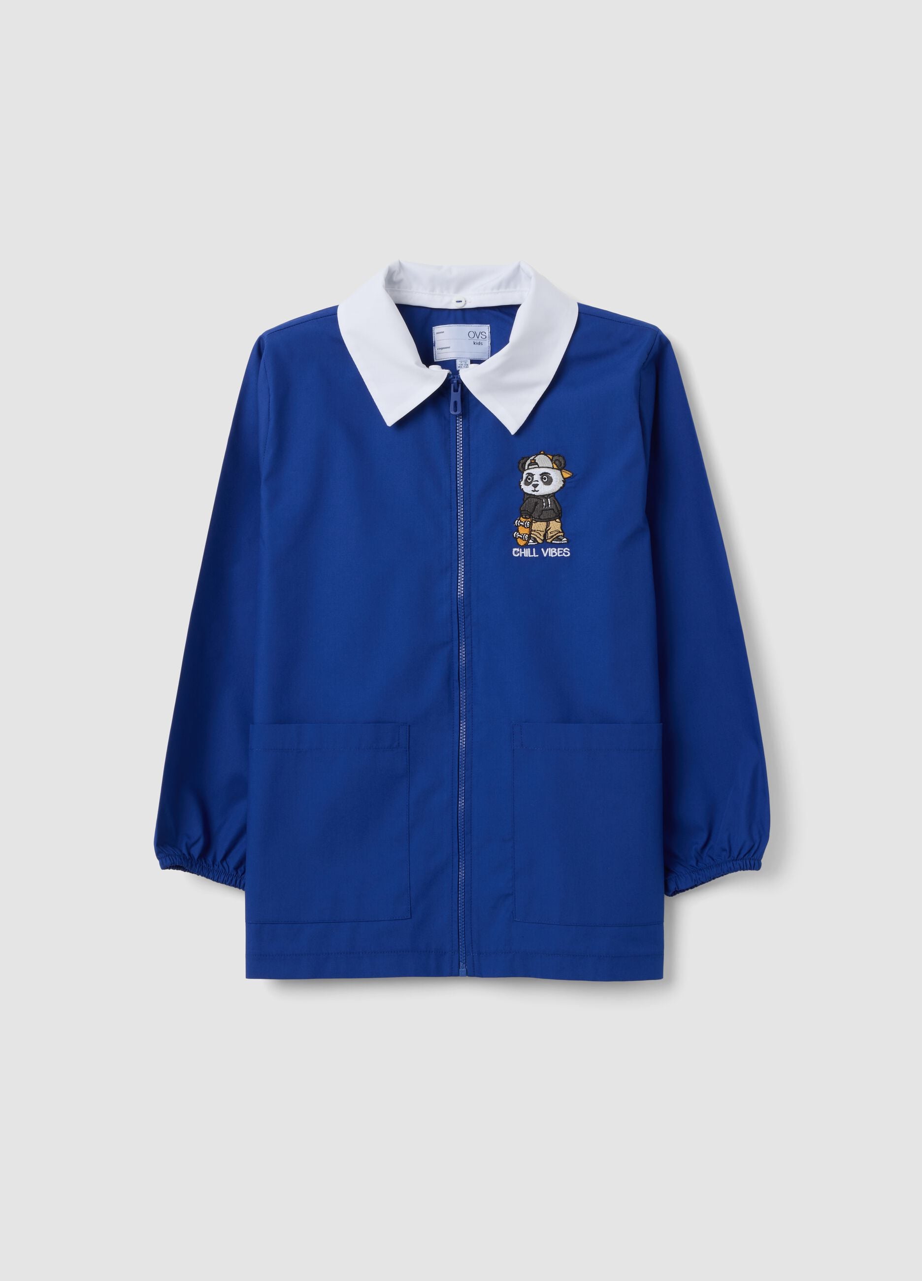 Blue school smock with zip and panda embroidery for boys