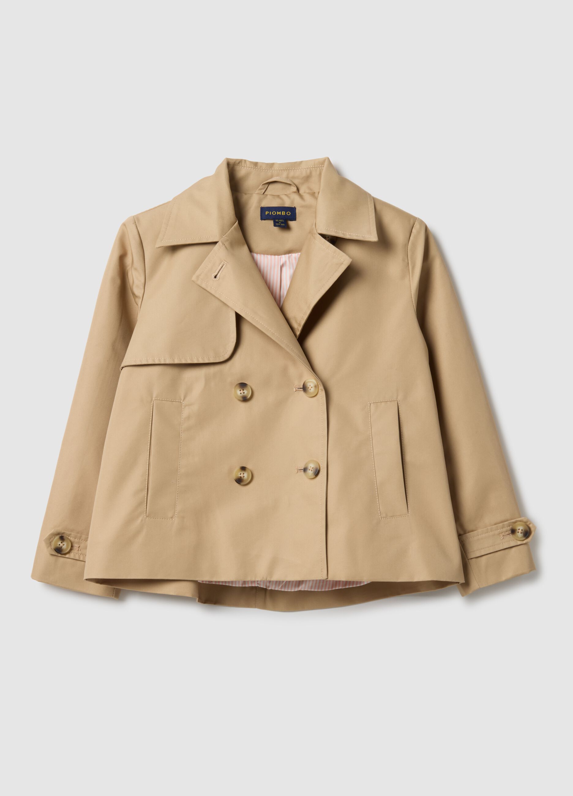 Double-breasted beige cotton blend girl's trench coat with embroidery