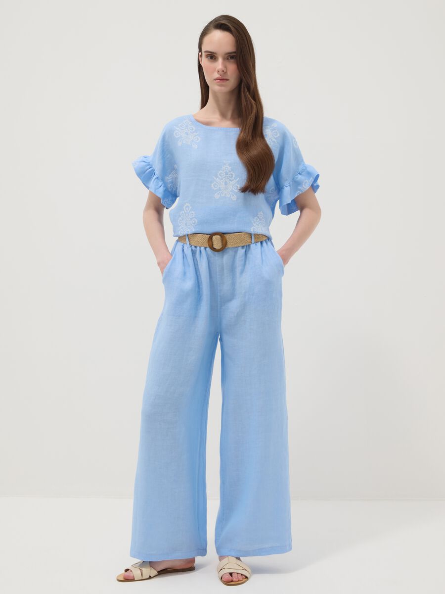 Sky-blue pure linen wide-leg trousers with elasticated waist_0
