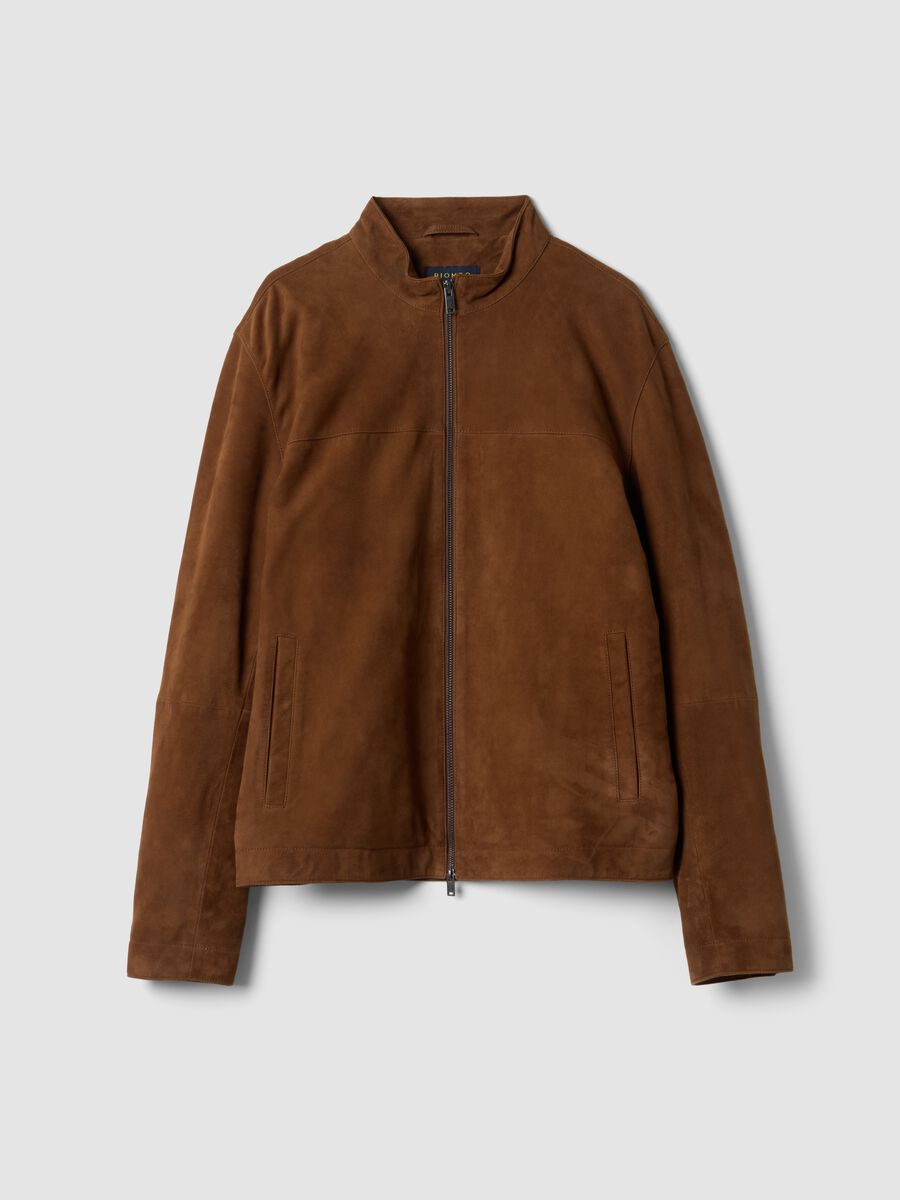 Giacca marrone in vera pelle con zip regular fit_0