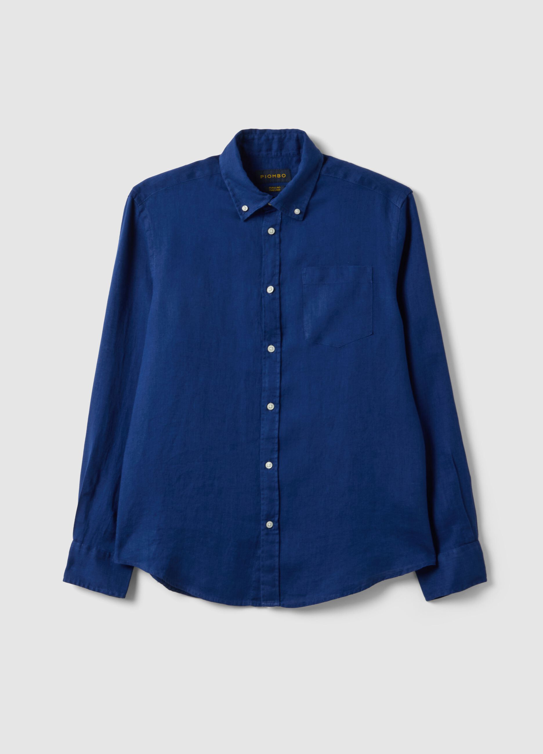 Blue pure linen long sleeve shirt regular fit