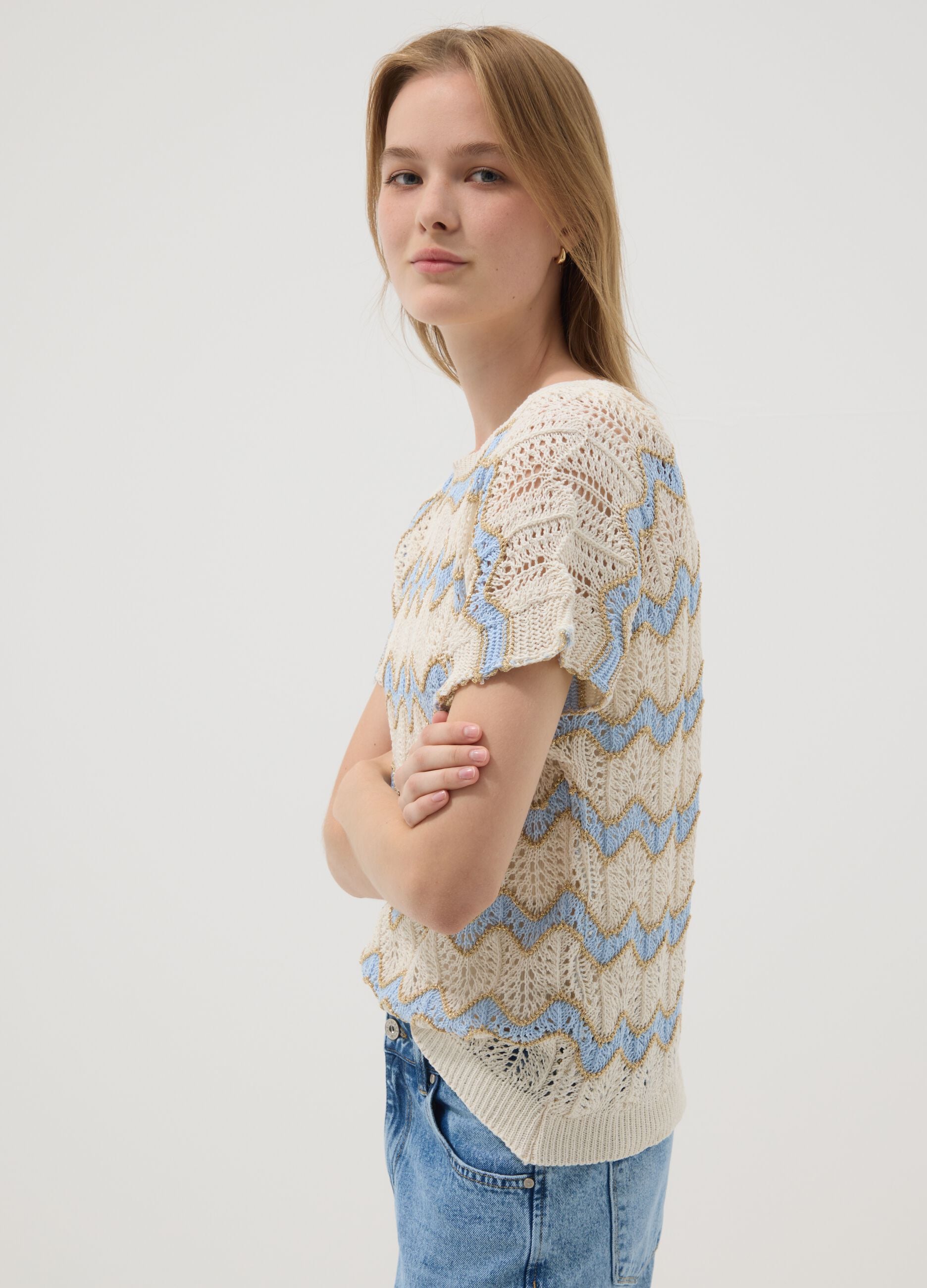 Beige open-knit top with light blue stripes in stretch cotton, regular fit