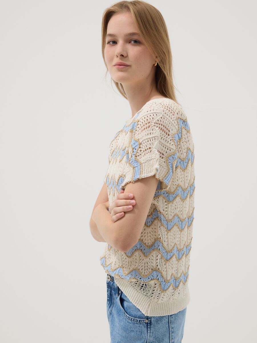 Beige open-knit top with light blue stripes in stretch cotton, regular fit_0