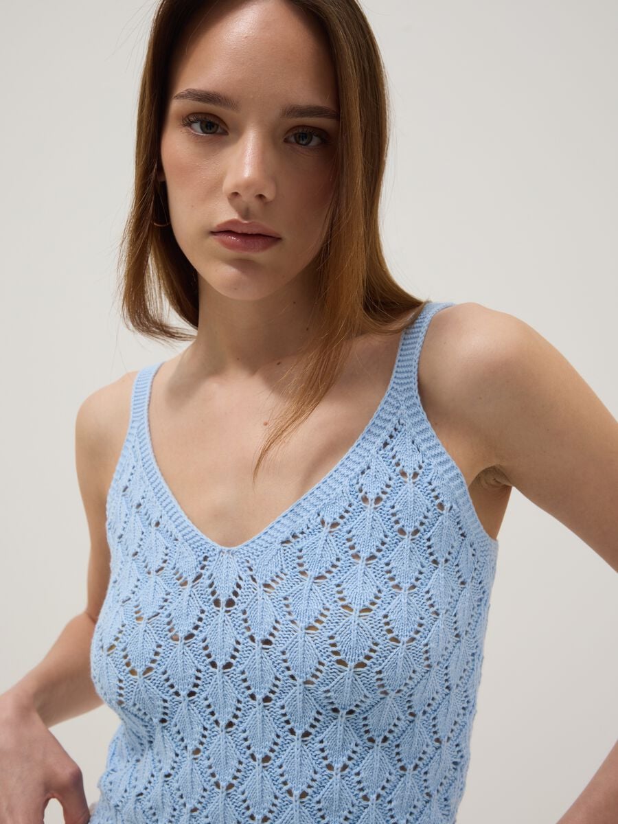 Tank Top azzurro in crochet di puro cotone regular fit_1