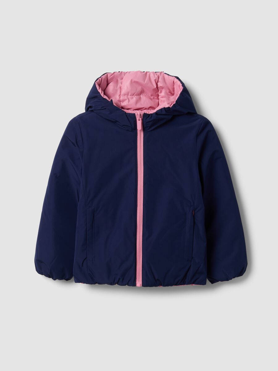 Reversible blue padded ultralight hooded jacket for girls_0