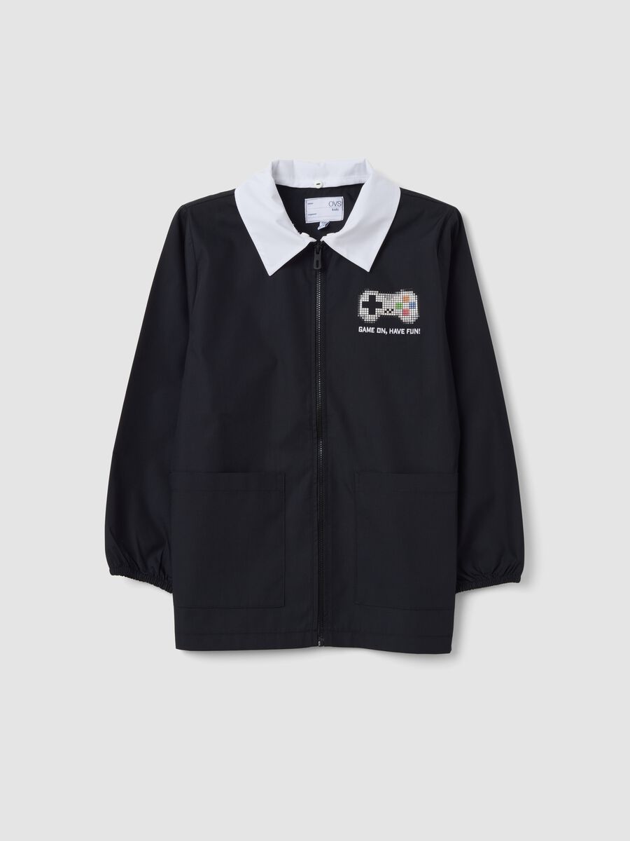 Customisable black school apron for boys with gaming print_0