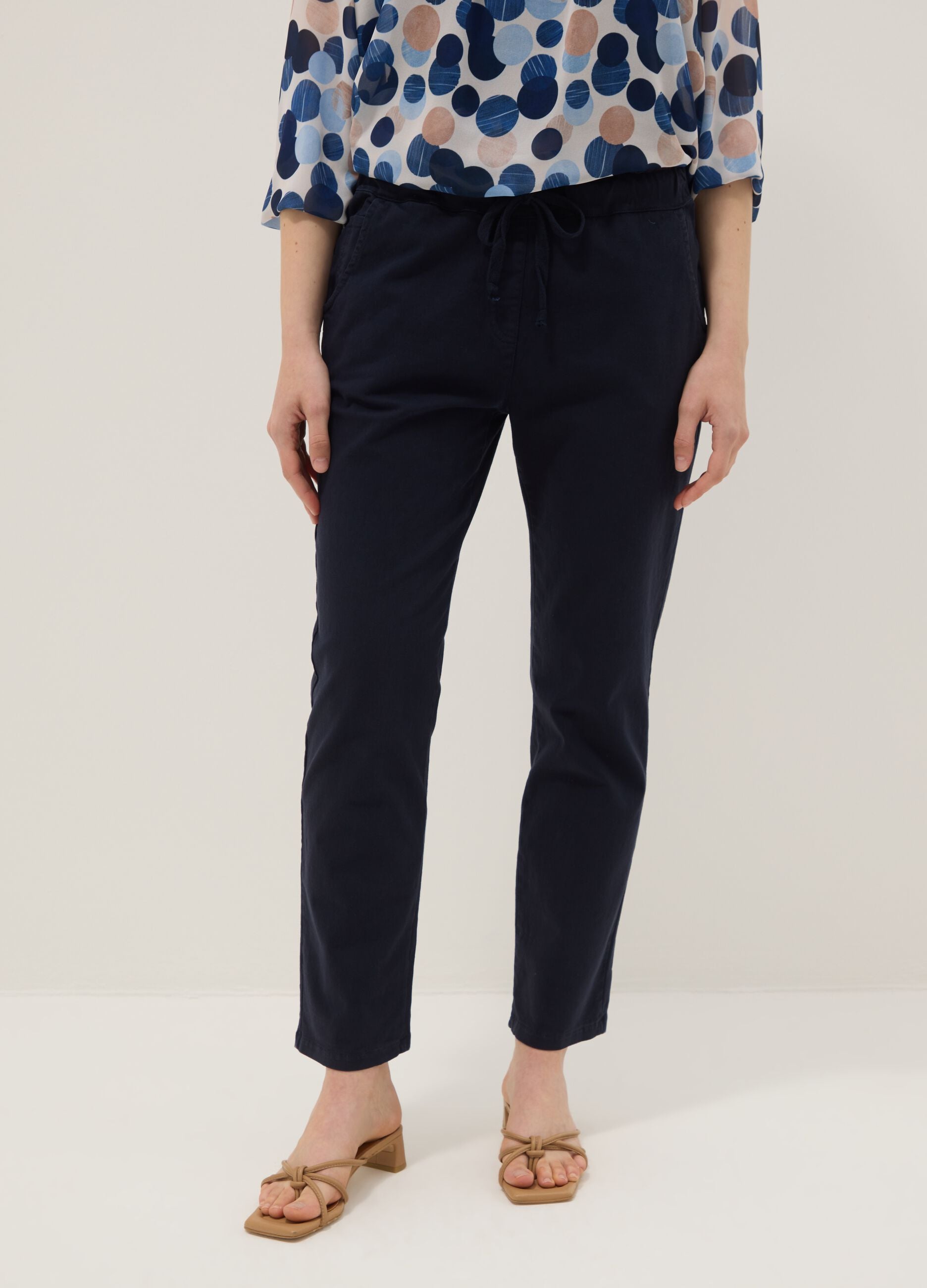 Blue stretch cotton paper bag trousers, regular fit