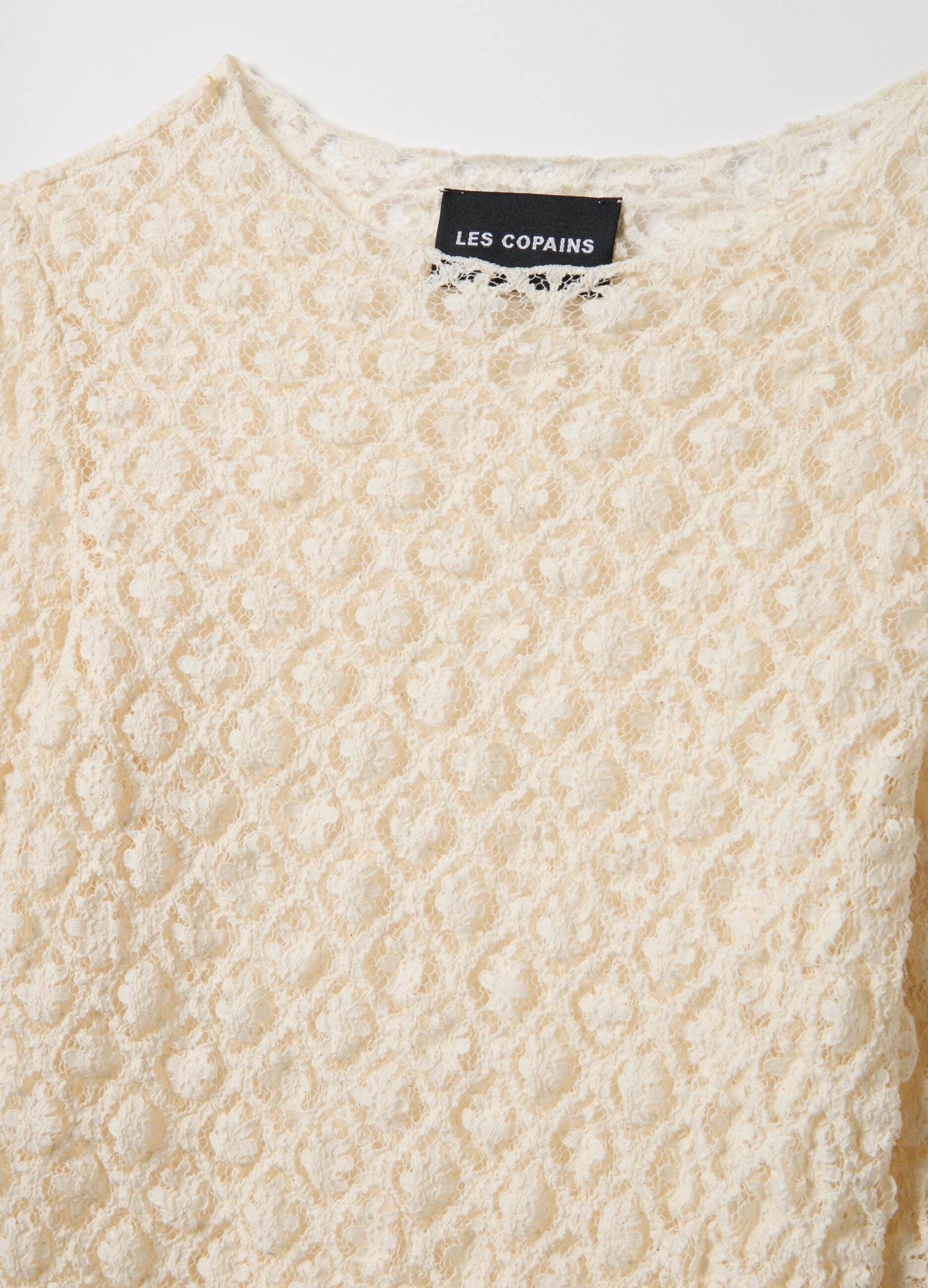 Beige stretch cotton blend regular fit top with lace