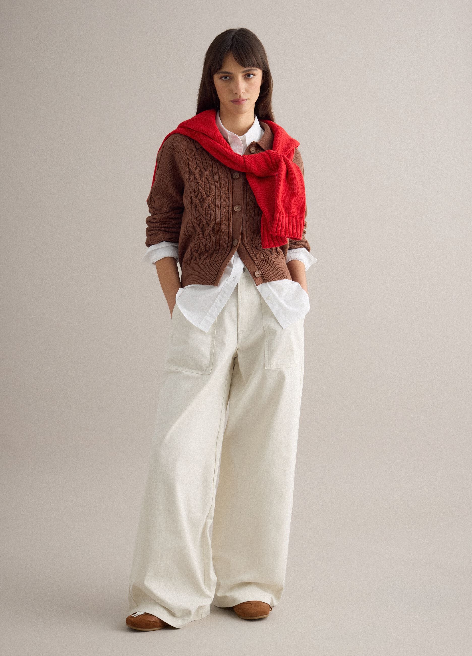 Regular fit brown pure cotton cardigan