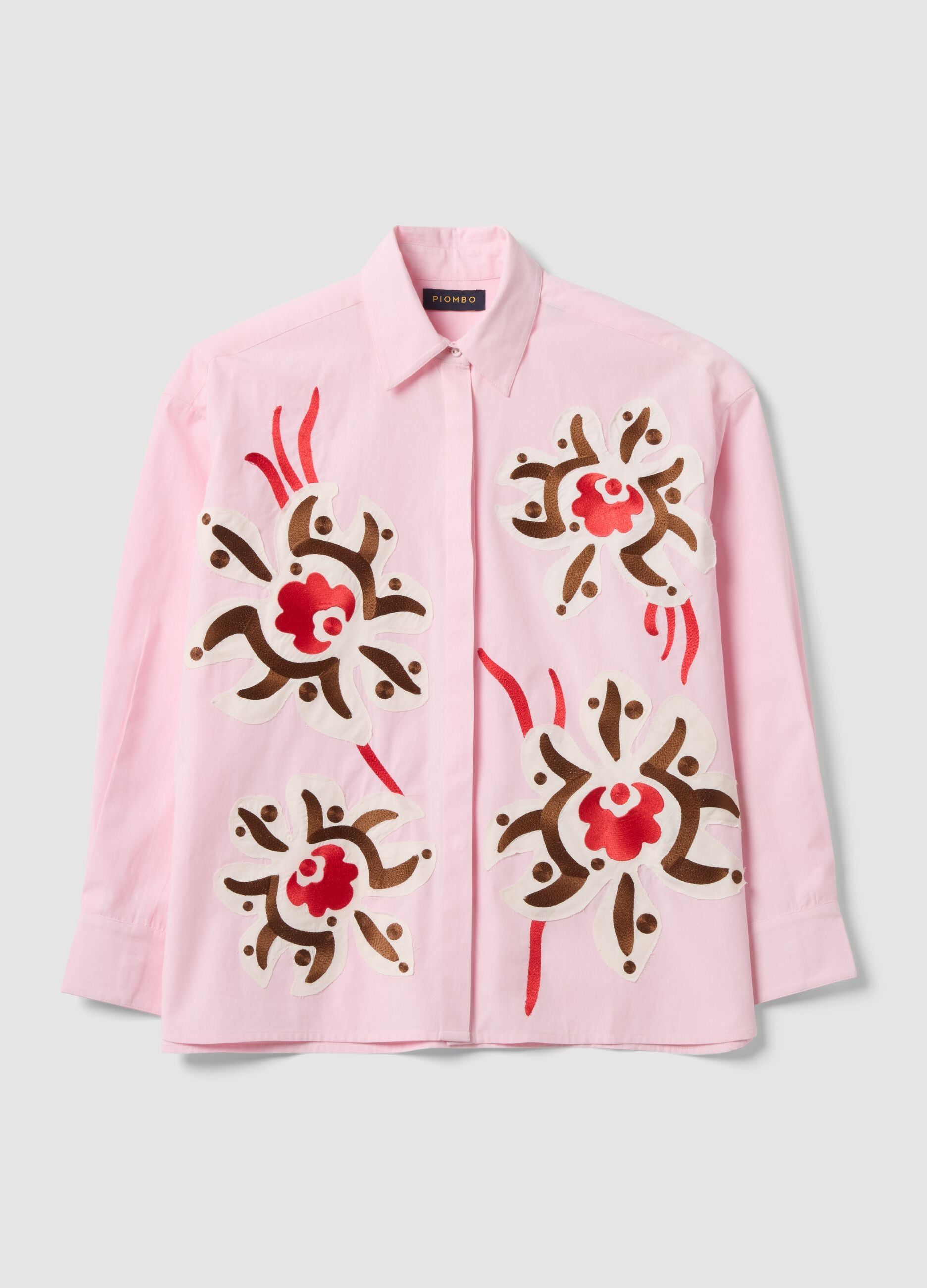 Pink pure cotton poplin shirt with floral print, regular fit