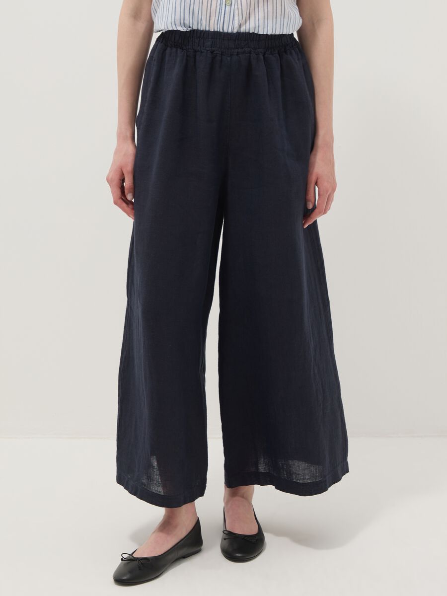 Blue pure linen wide-leg trousers, regular fit_1
