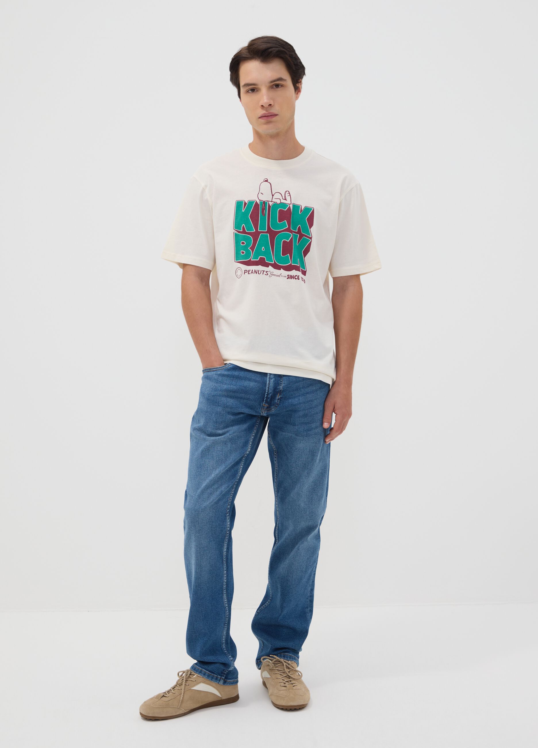 White pure cotton Peanuts print T-shirt, relaxed fit