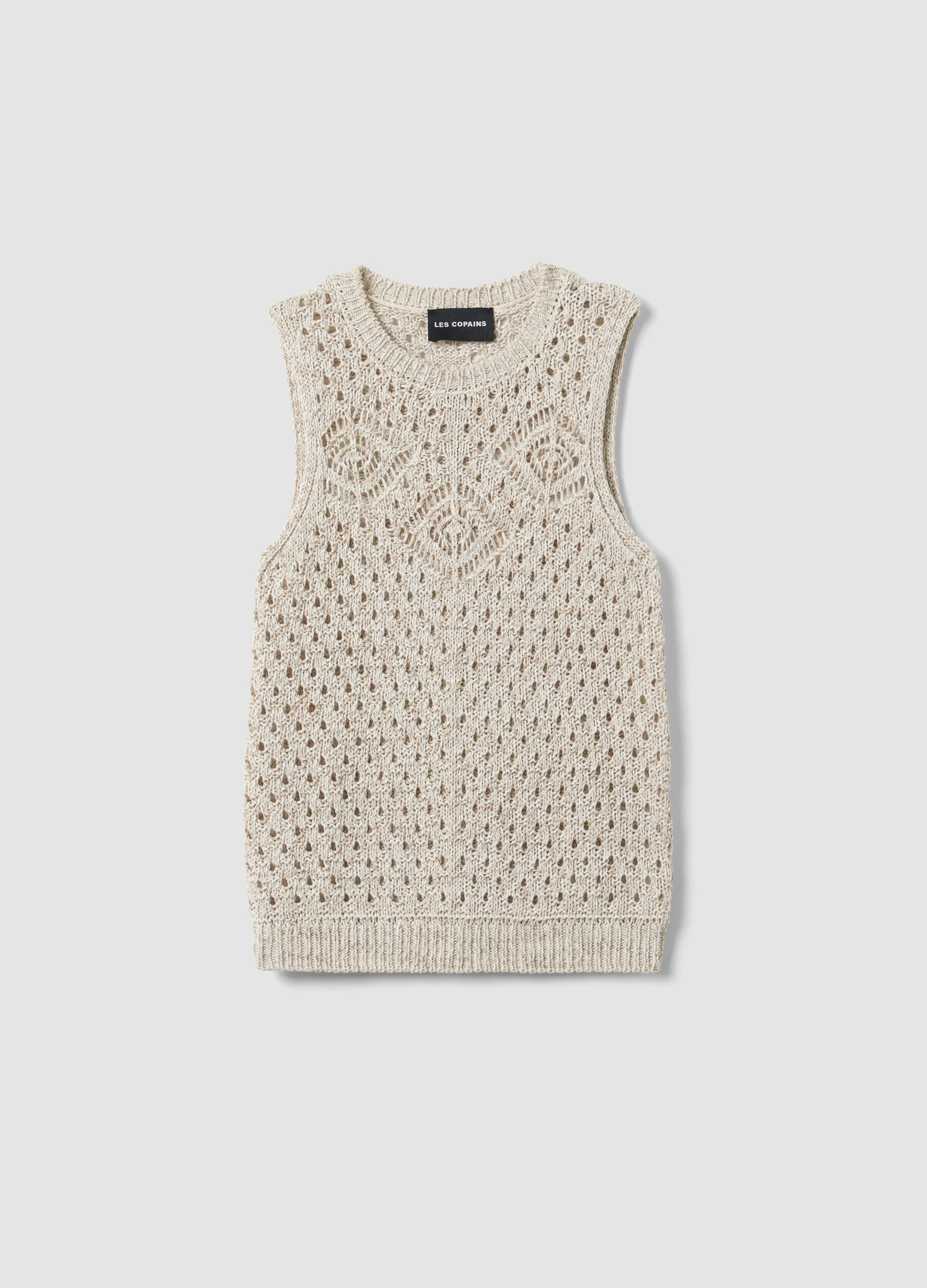 Fitted beige cotton blend mesh vest