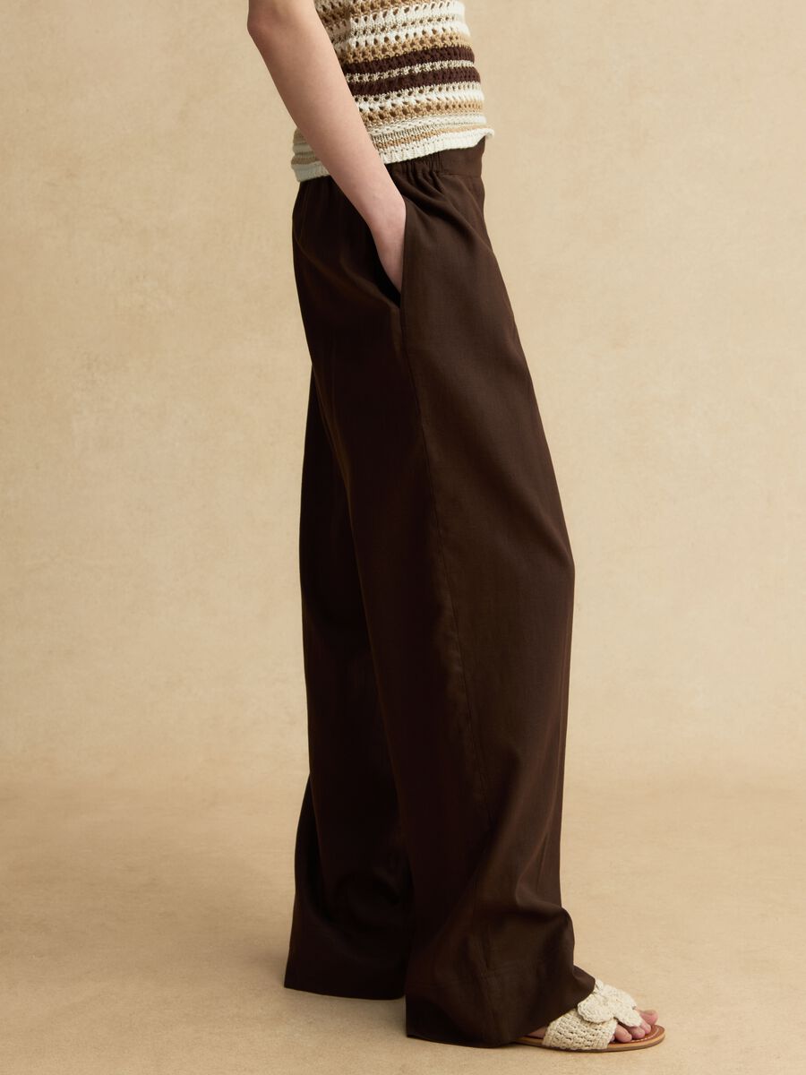 Brown wide leg linen blend trousers_3