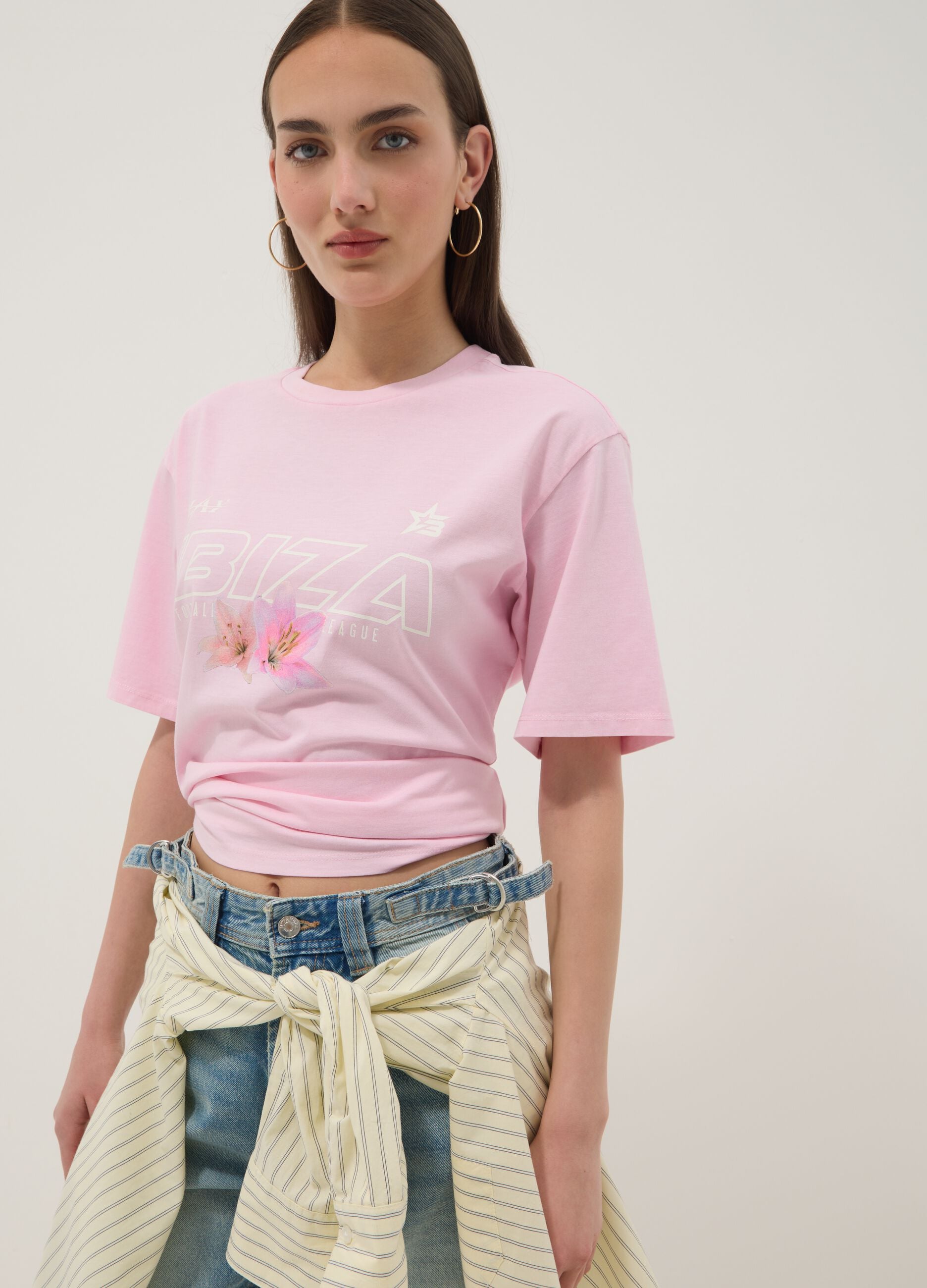 Pink pure cotton T-shirt with slogan print, relaxed fit