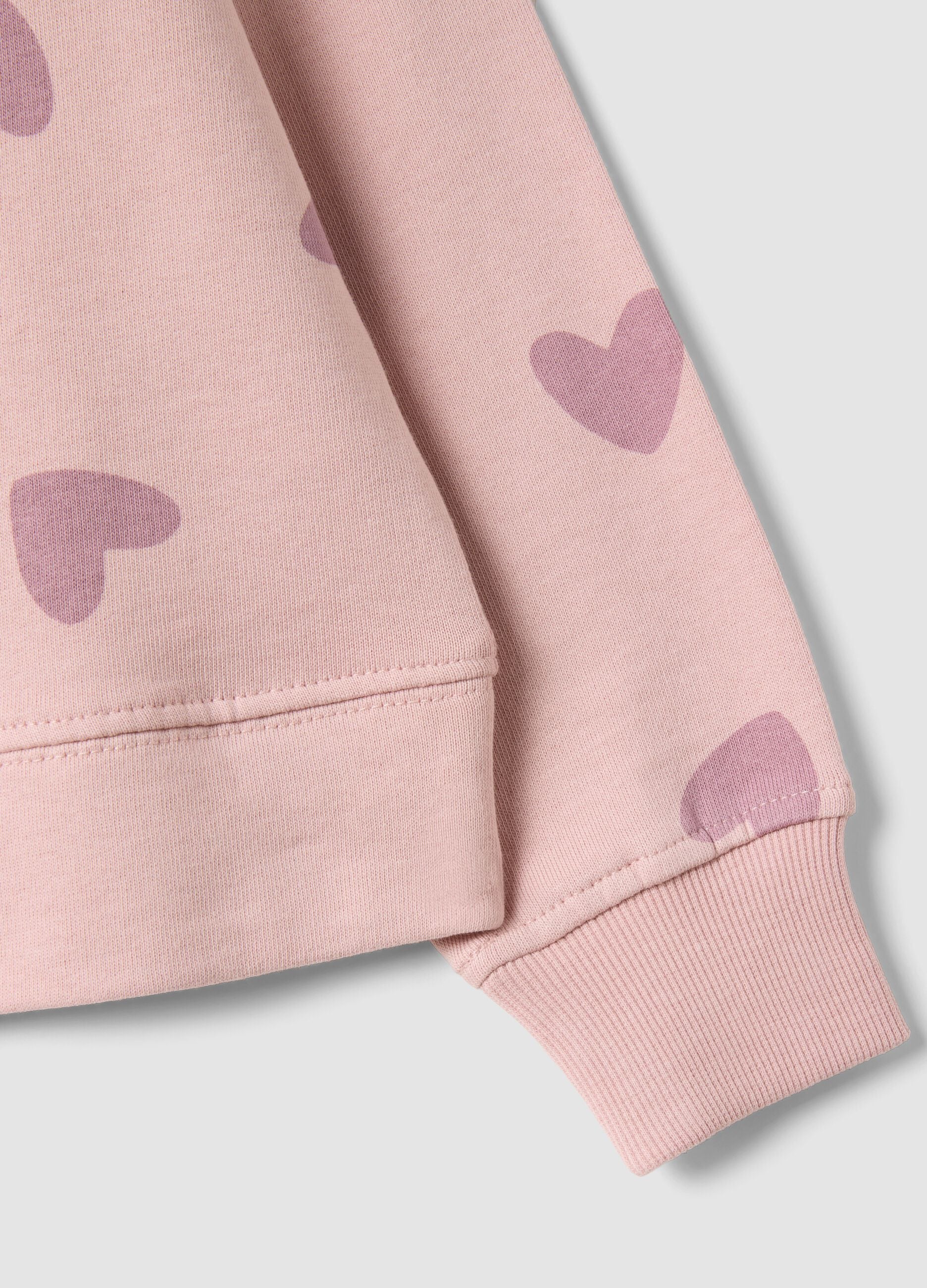 Pink pure cotton sweatshirt with heart print and crew neck for girls