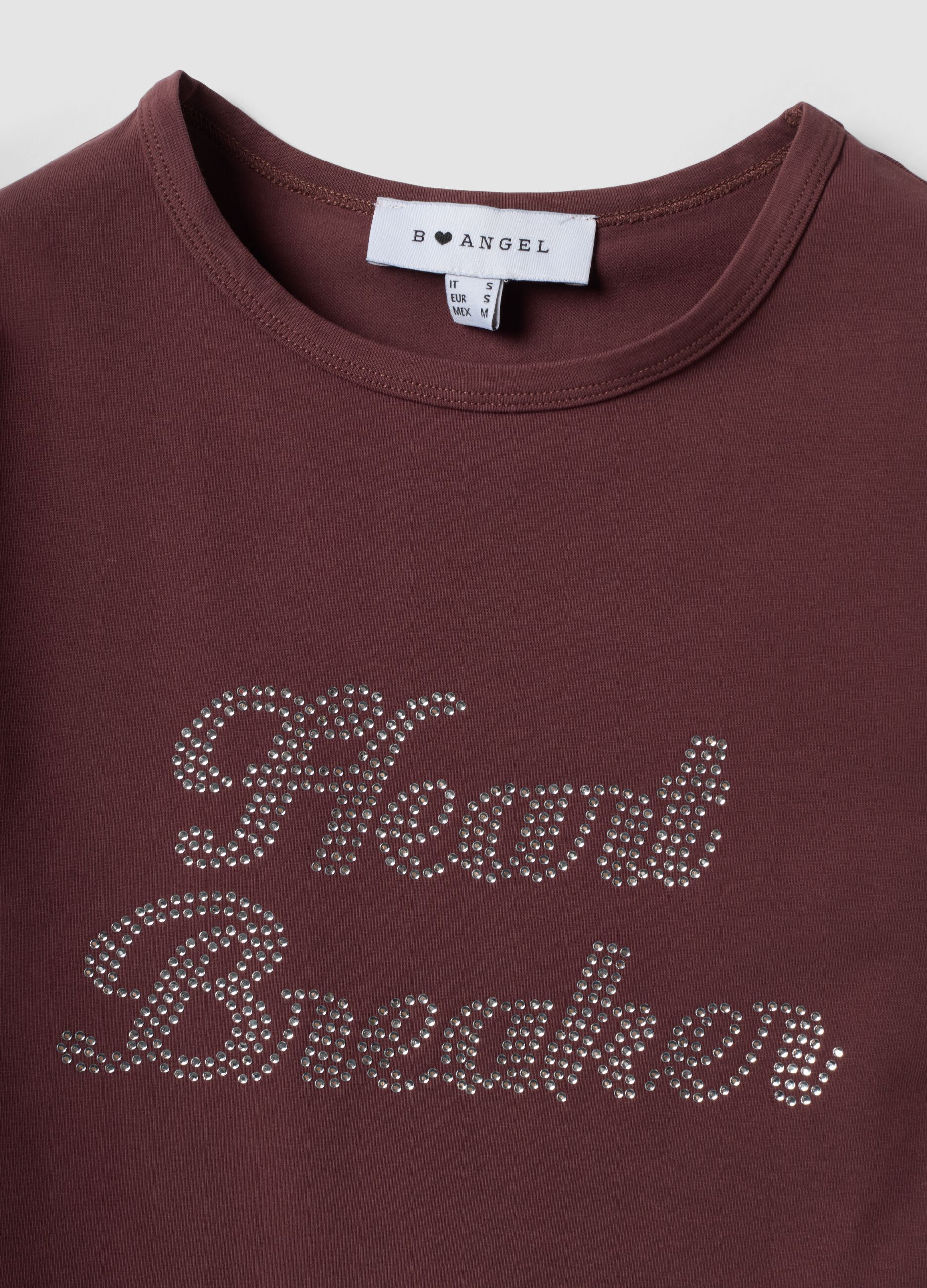 Brown fitted stretch cotton T-shirt with rhinestone embellishments
