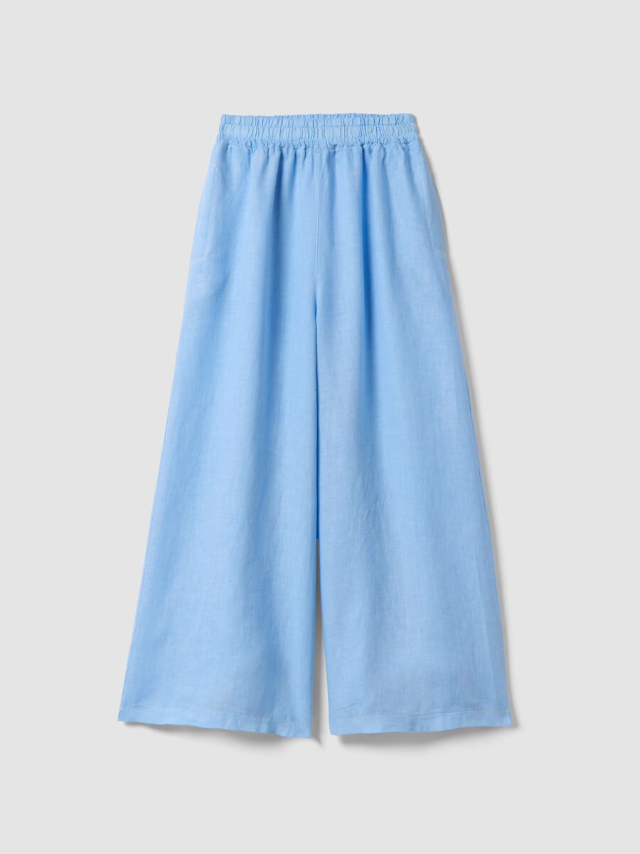 Light blue pure linen wide-leg trousers with a regular fit_4