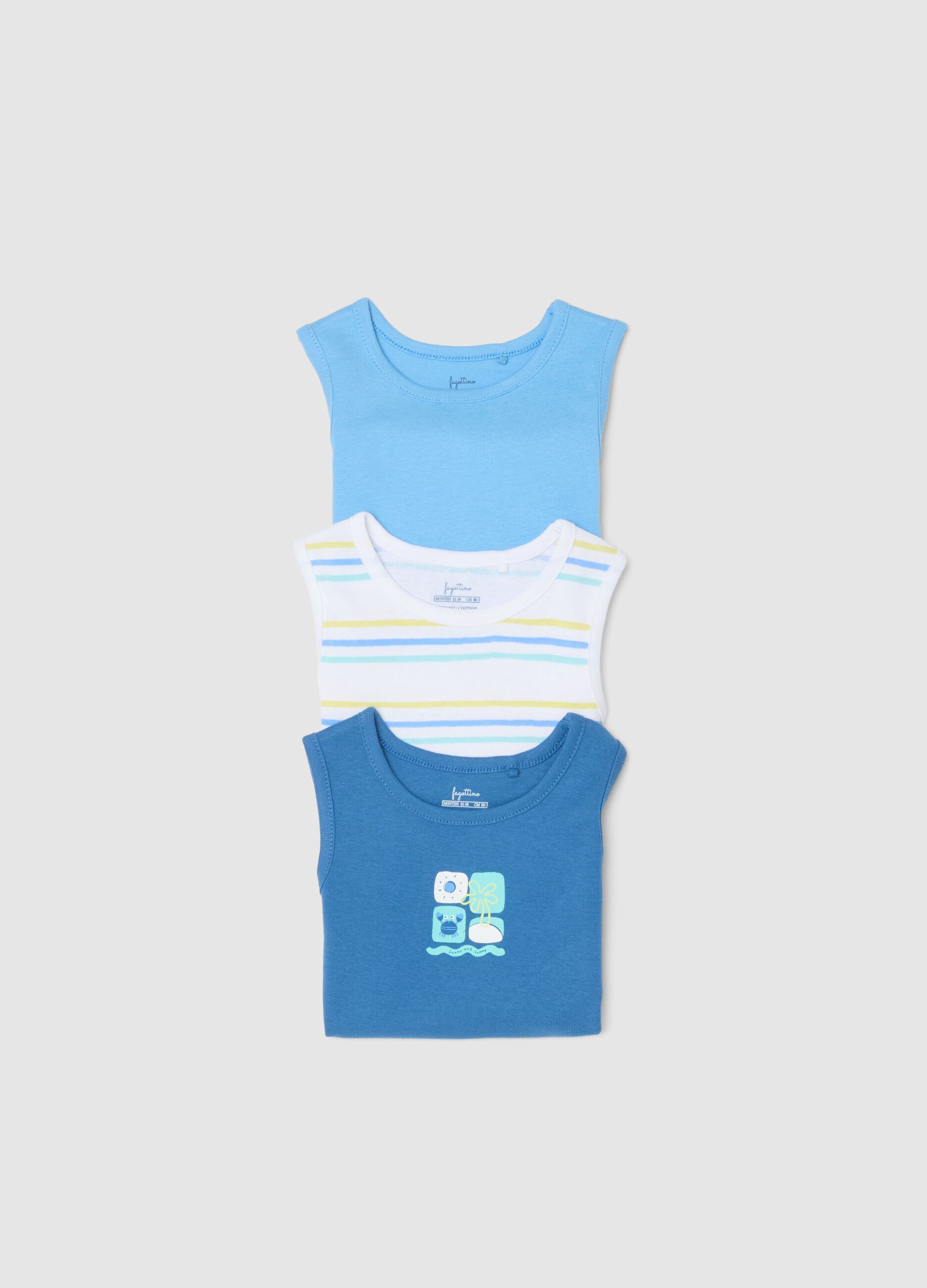 Multicolour Sleeveless Baby Bodysuit Tripack in Pure Cotton