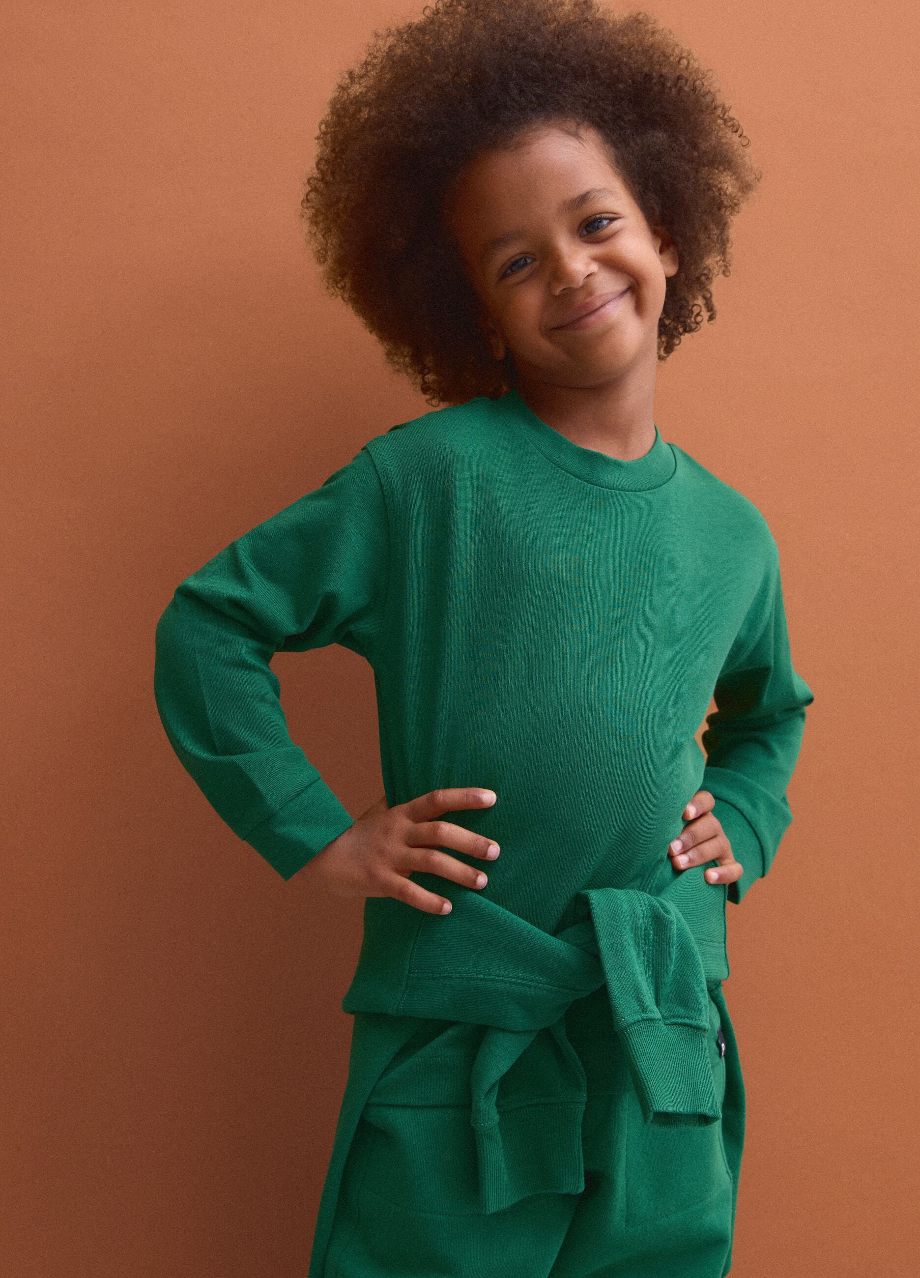 Green long-sleeve crew-neck pure cotton T-shirt for boys