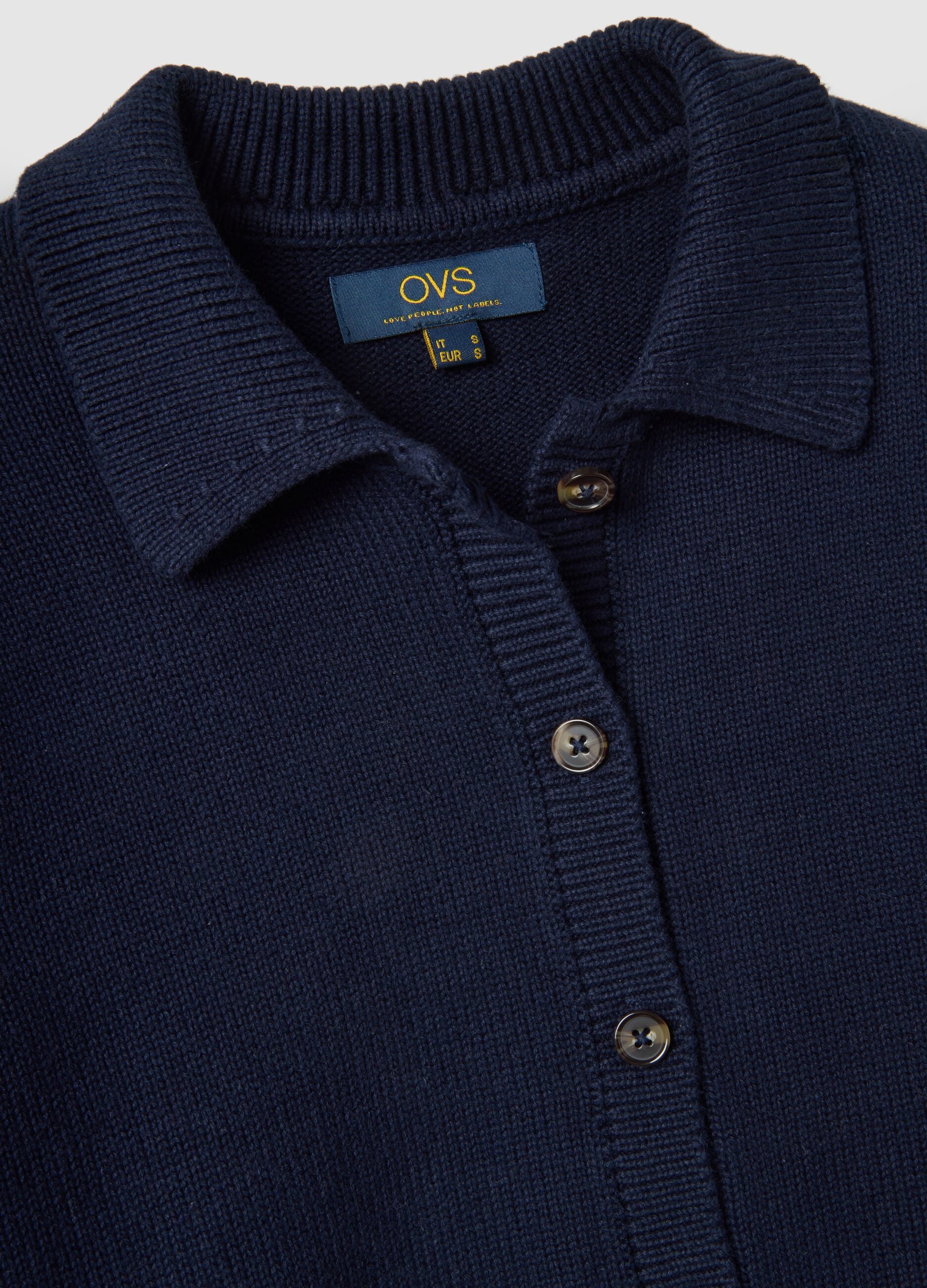 Blue cardigan with polo collar in pure cotton regular fit