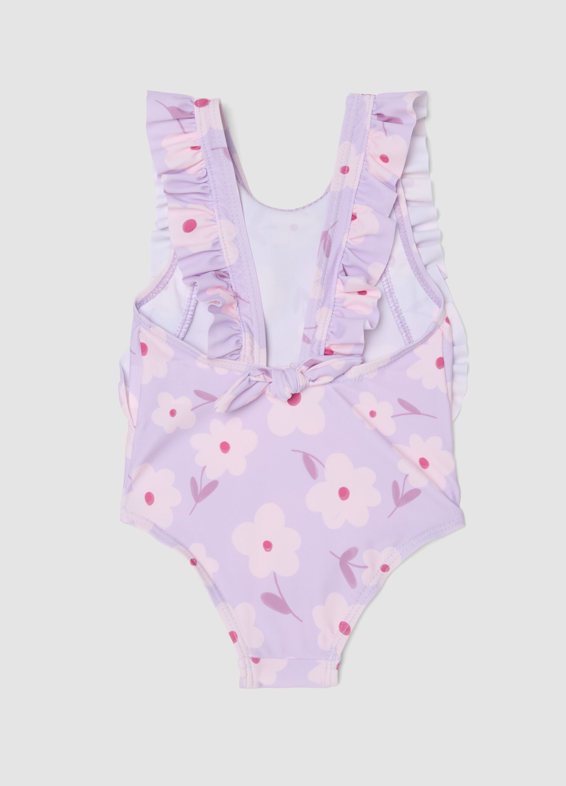 Purple ruffle-trim swimsuit in stretch fabric
