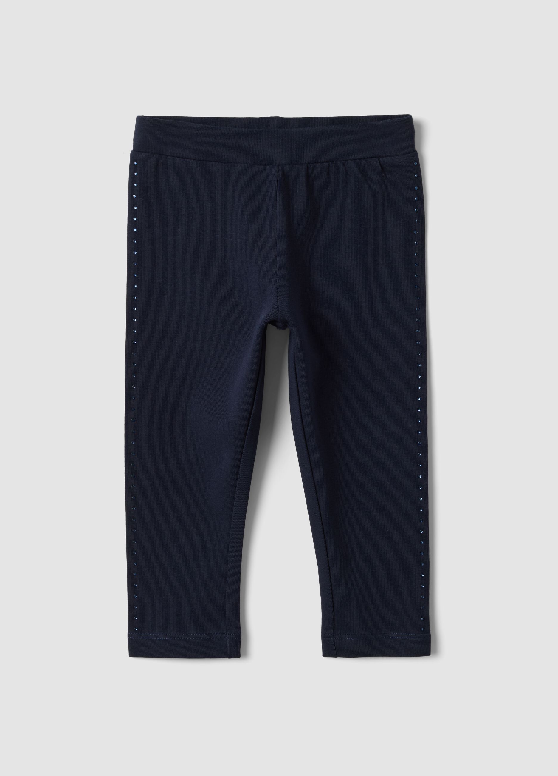 Blue stretch organic cotton leggings with rhinestones for baby girl