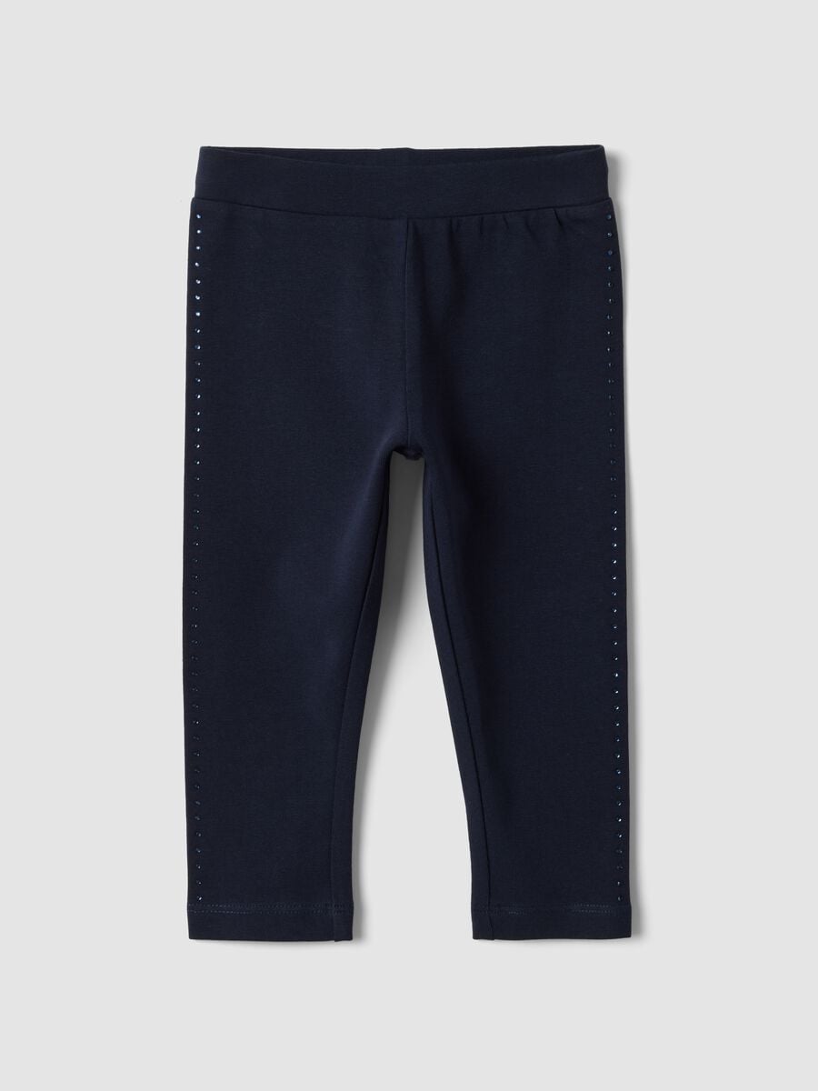 Blue stretch organic cotton leggings with rhinestones for baby girl_0